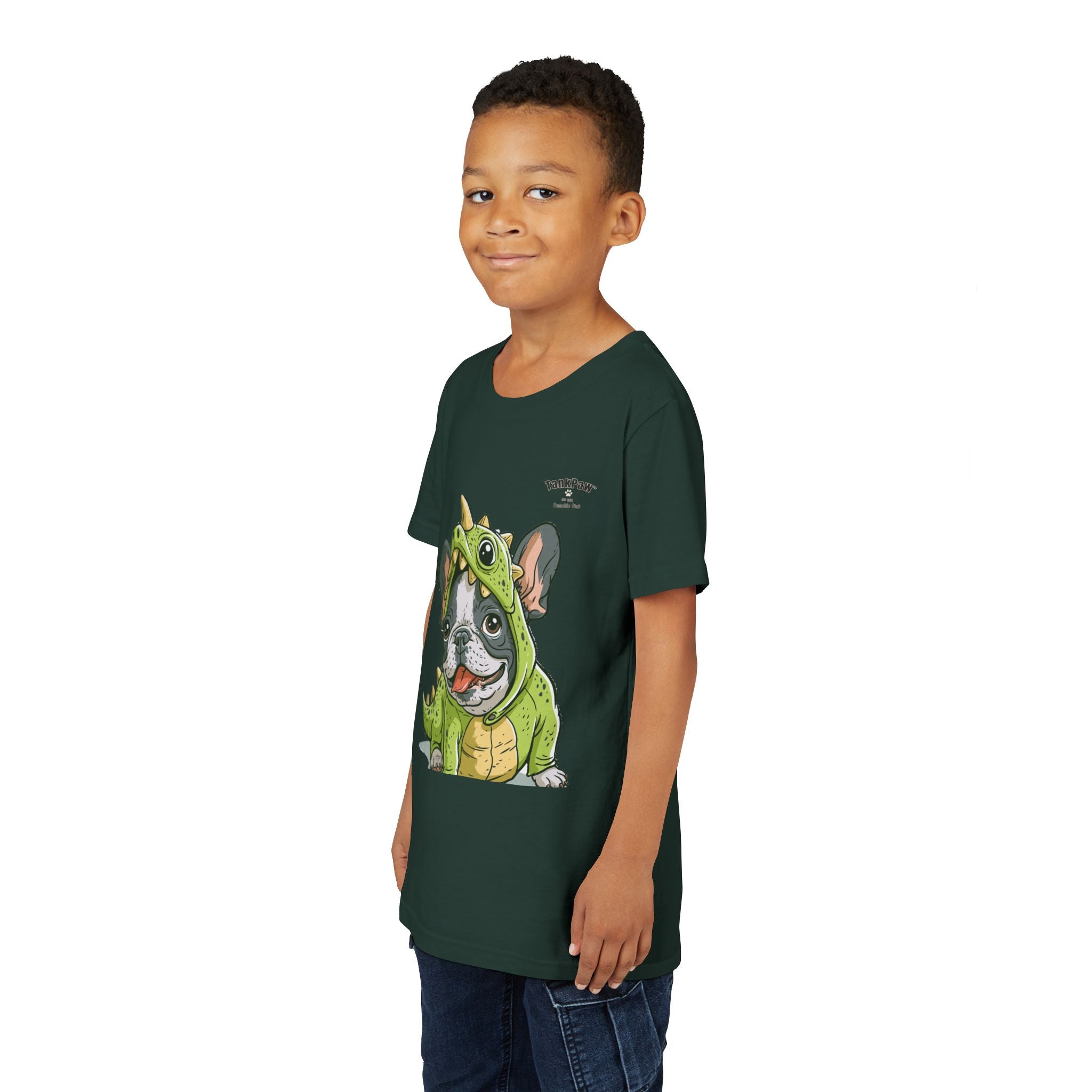 Kids Dino Costume Tee — Cute French Bulldog Puppy in Green Dinosaur Outfit