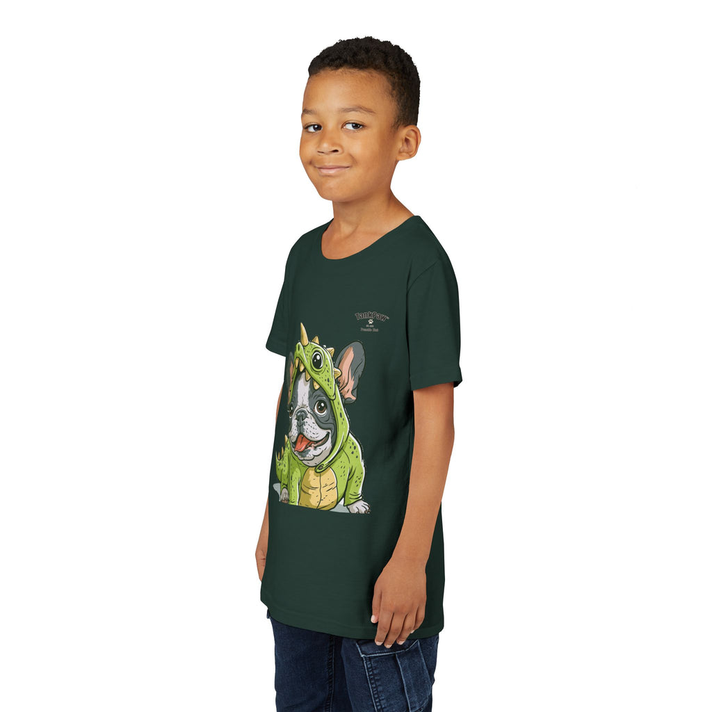 Kids Dino Costume Tee — Cute French Bulldog Puppy in Green Dinosaur Outfit