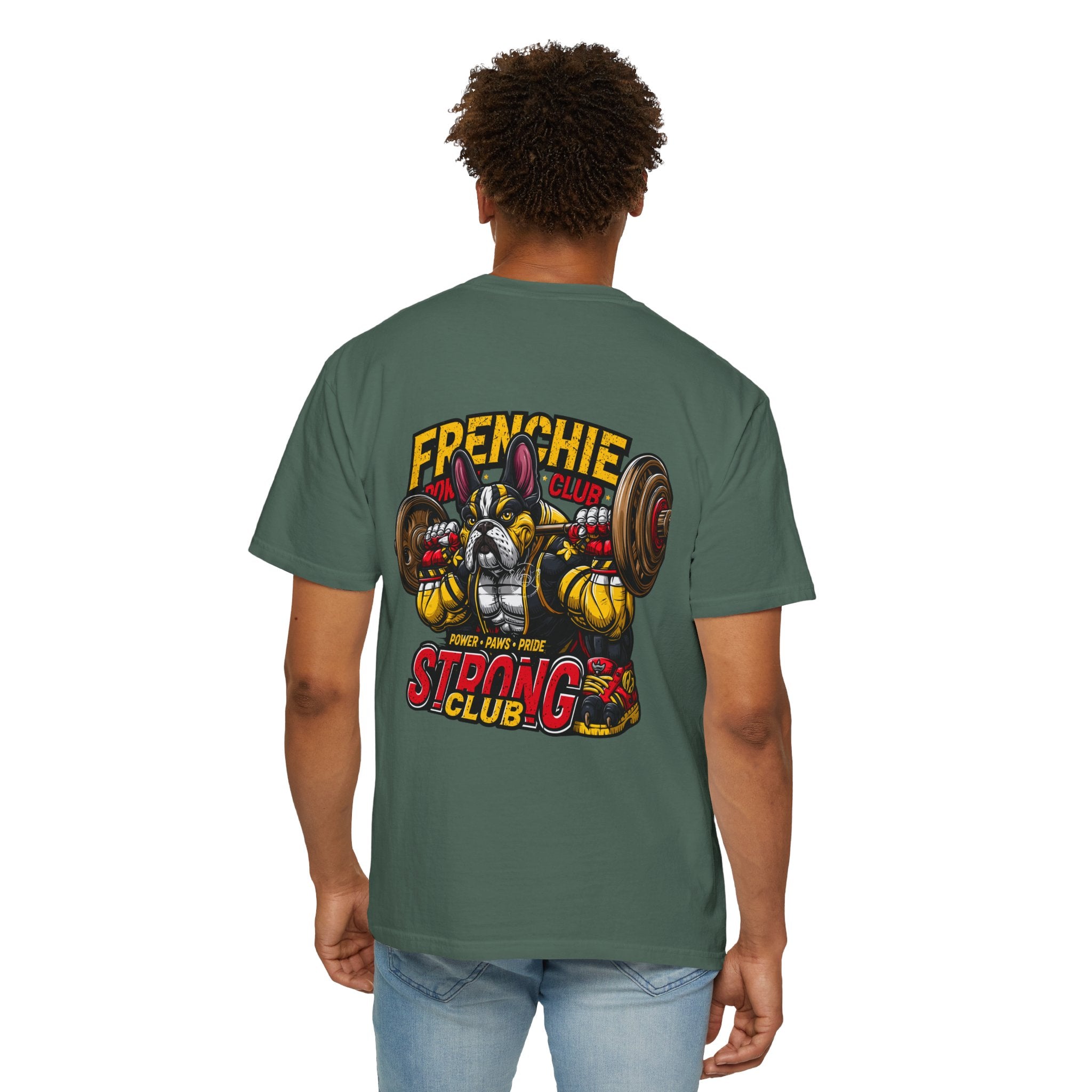 "Muscle-Style Frenchie Fitness T-Shirt — Cute French Bulldog Weightlifting Graphic Tee"