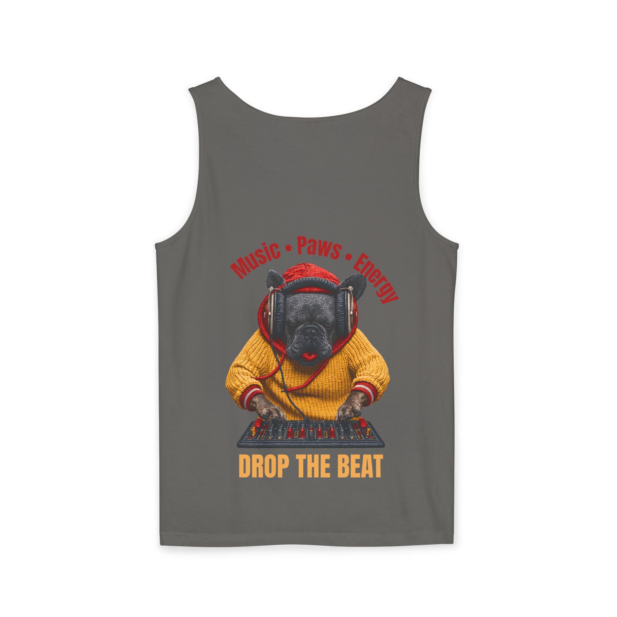 DJ Frenchie Dog Vest — "Music, Paw Prints, Energy: Igniting the Beat" Graphic Vest
