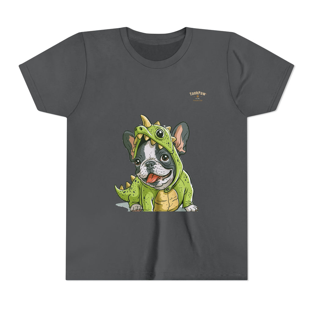 Kids Dino Costume Tee — Cute French Bulldog Puppy in Green Dinosaur Outfit