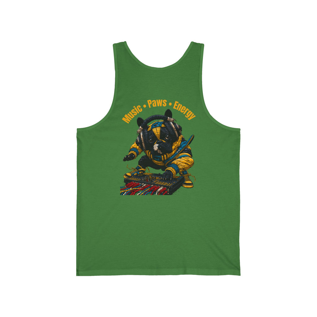 DJ Frenchie Graphic Tank Top — "Music, Paw Prints, & Energy" Summer Music Festival Tee