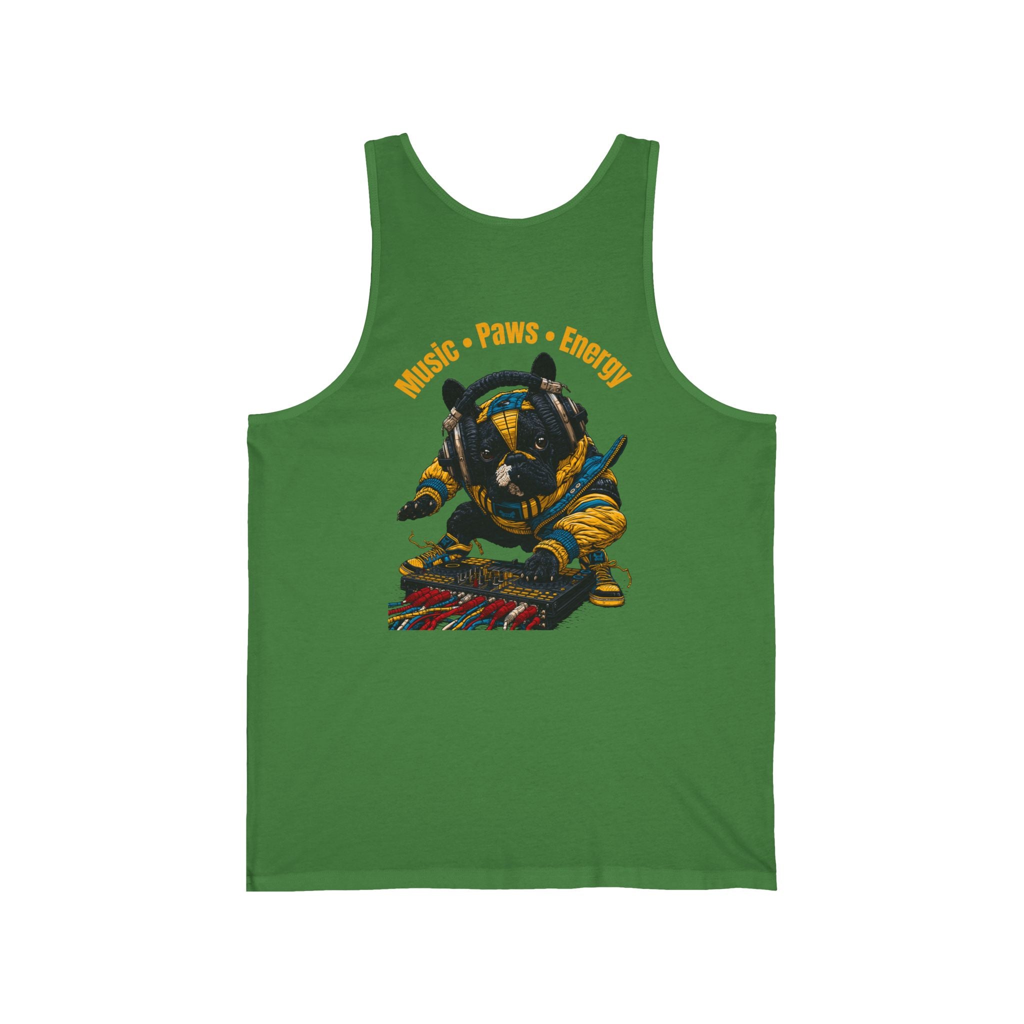 DJ Frenchie Graphic Tank Top — "Music, Paw Prints, & Energy" Summer Music Festival Tee