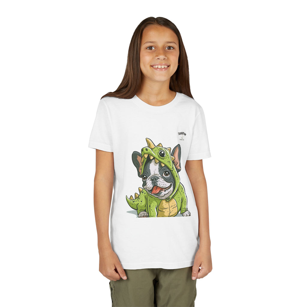 Kids Dino Costume Tee — Cute French Bulldog Puppy in Green Dinosaur Outfit