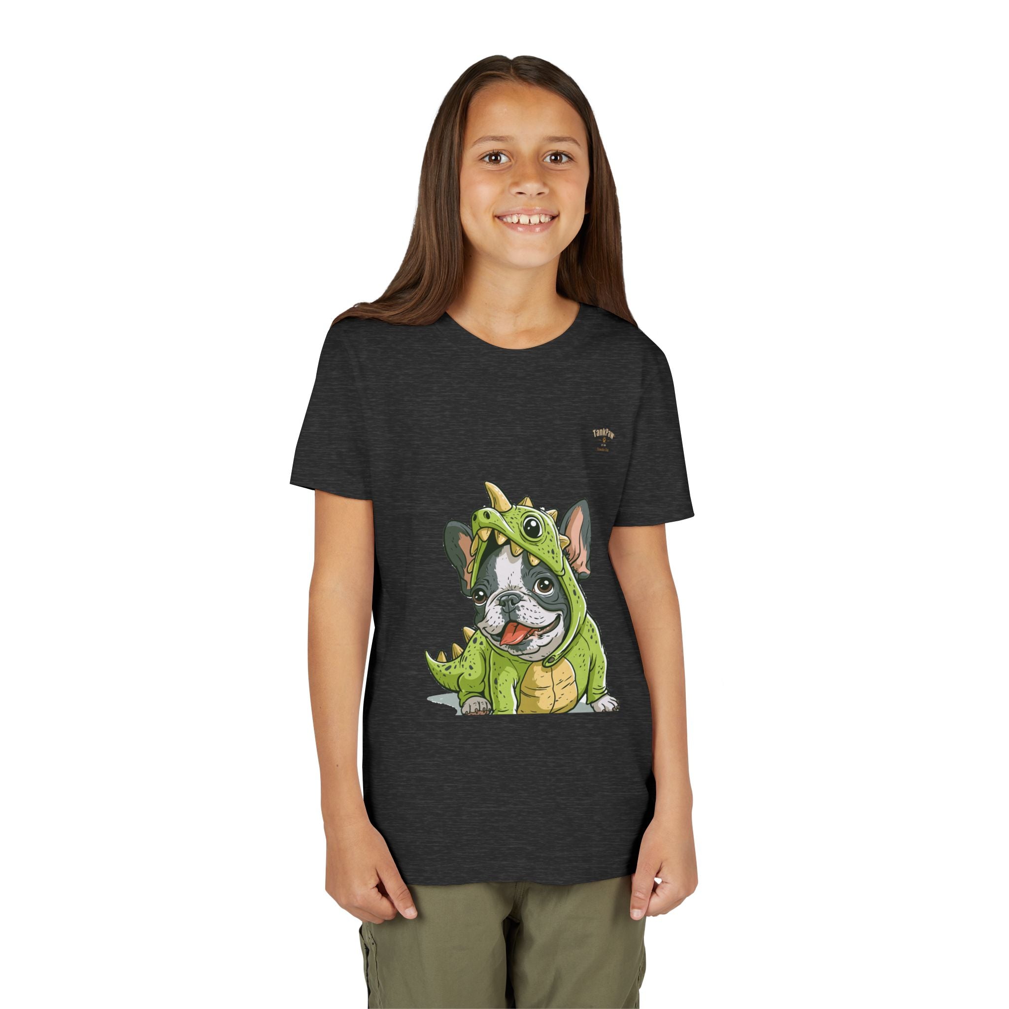 Kids Dino Costume Tee — Cute French Bulldog Puppy in Green Dinosaur Outfit