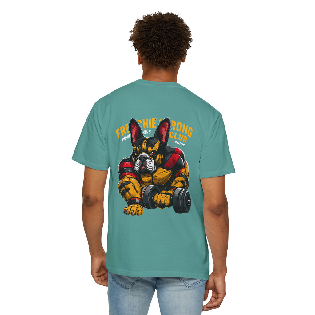 Frenchie Strong Club T‑Shirt — French Bulldog Weightlifting Graphic Tee