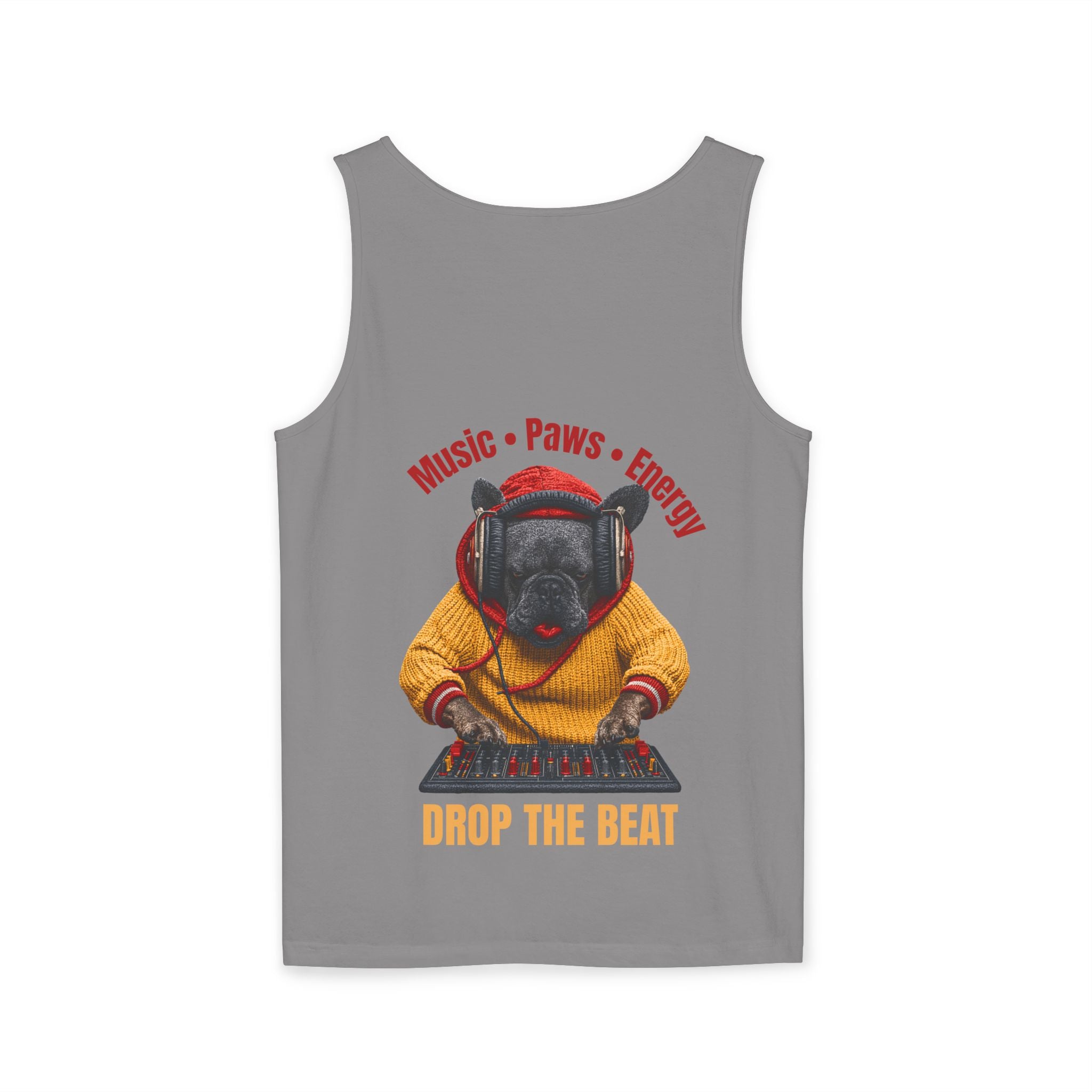 DJ Frenchie Dog Vest — "Music, Paw Prints, Energy: Igniting the Beat" Graphic Vest