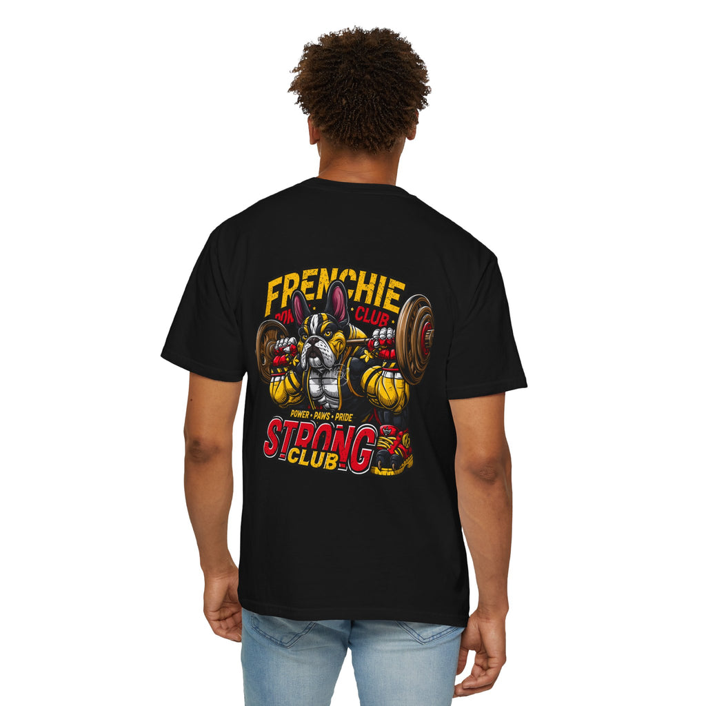 "Muscle-Style Frenchie Fitness T-Shirt — Cute French Bulldog Weightlifting Graphic Tee"