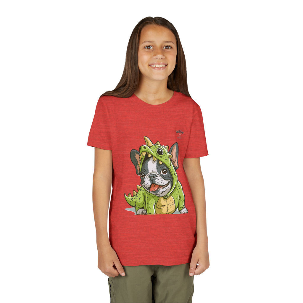 Kids Dino Costume Tee — Cute French Bulldog Puppy in Green Dinosaur Outfit