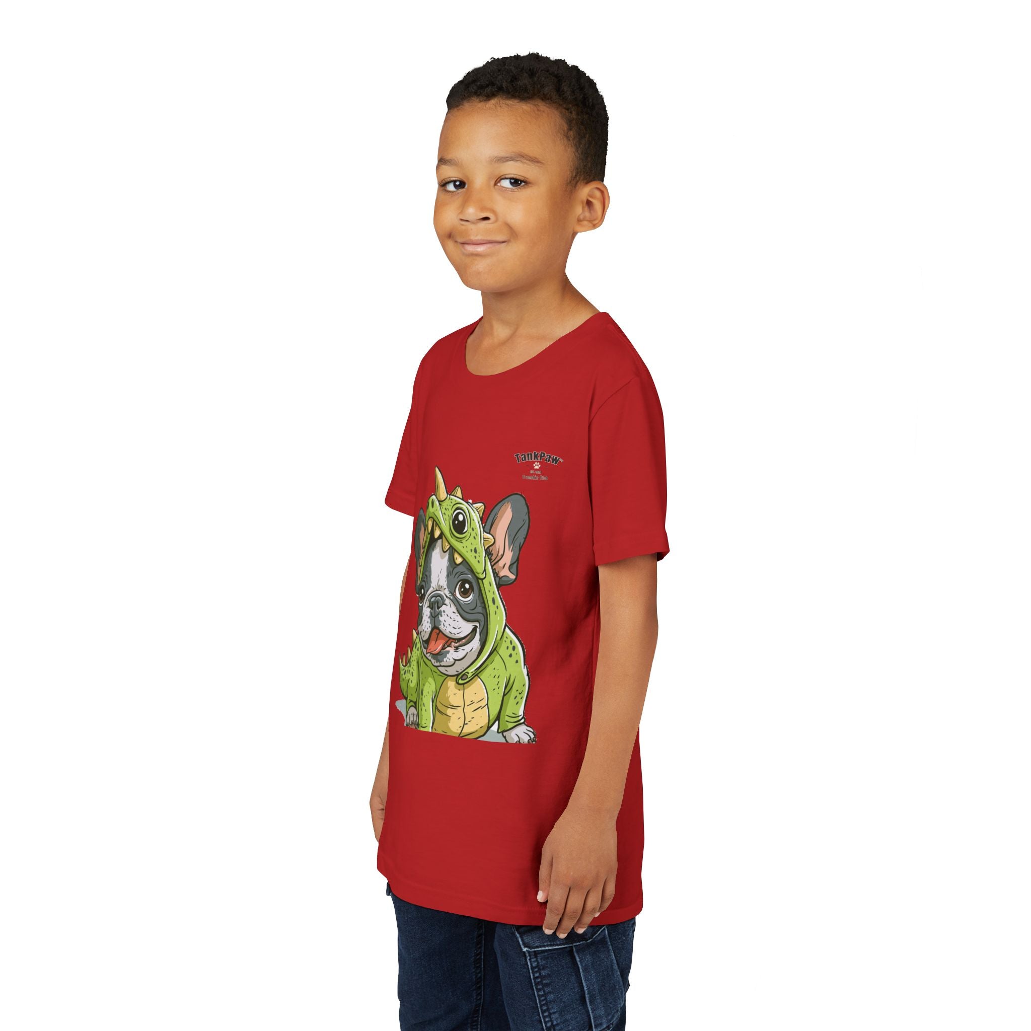 Kids Dino Costume Tee — Cute French Bulldog Puppy in Green Dinosaur Outfit