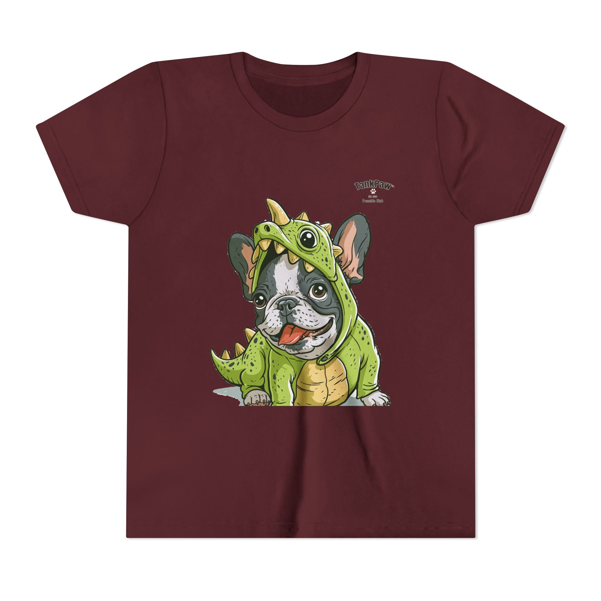 Kids Dino Costume Tee — Cute French Bulldog Puppy in Green Dinosaur Outfit