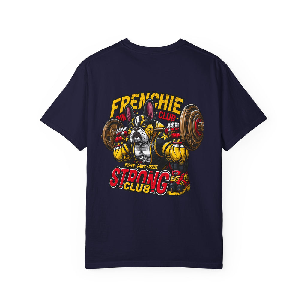 "Muscle-Style Frenchie Fitness T-Shirt — Cute French Bulldog Weightlifting Graphic Tee"