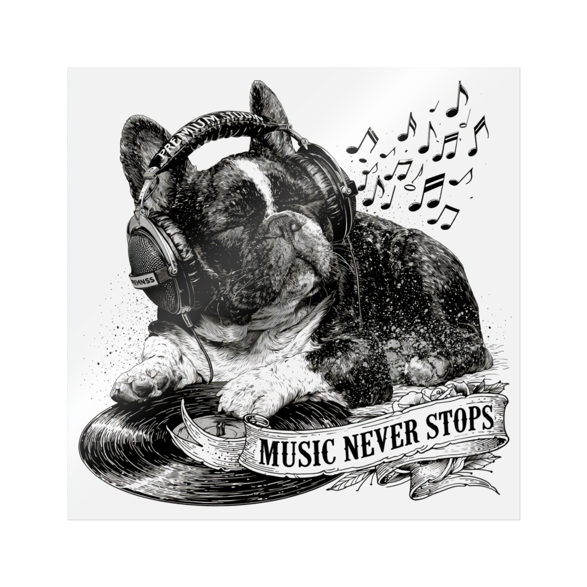 French Bulldog Sticker – Cute Frenchie DTF Decal | Waterproof Sticker for Dog Lovers | Suitable for Laptops, Phones, and Cars | EDM DJ Vinyl Record Design