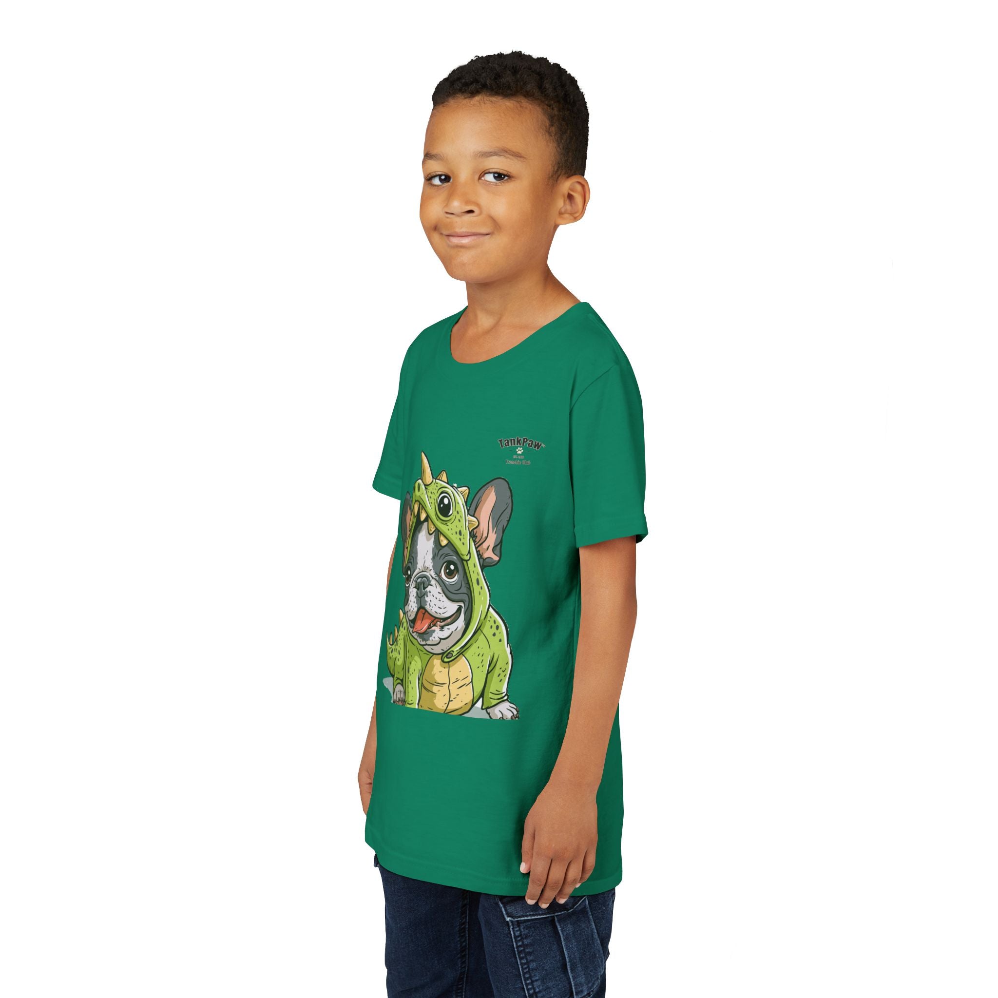 Kids Dino Costume Tee — Cute French Bulldog Puppy in Green Dinosaur Outfit