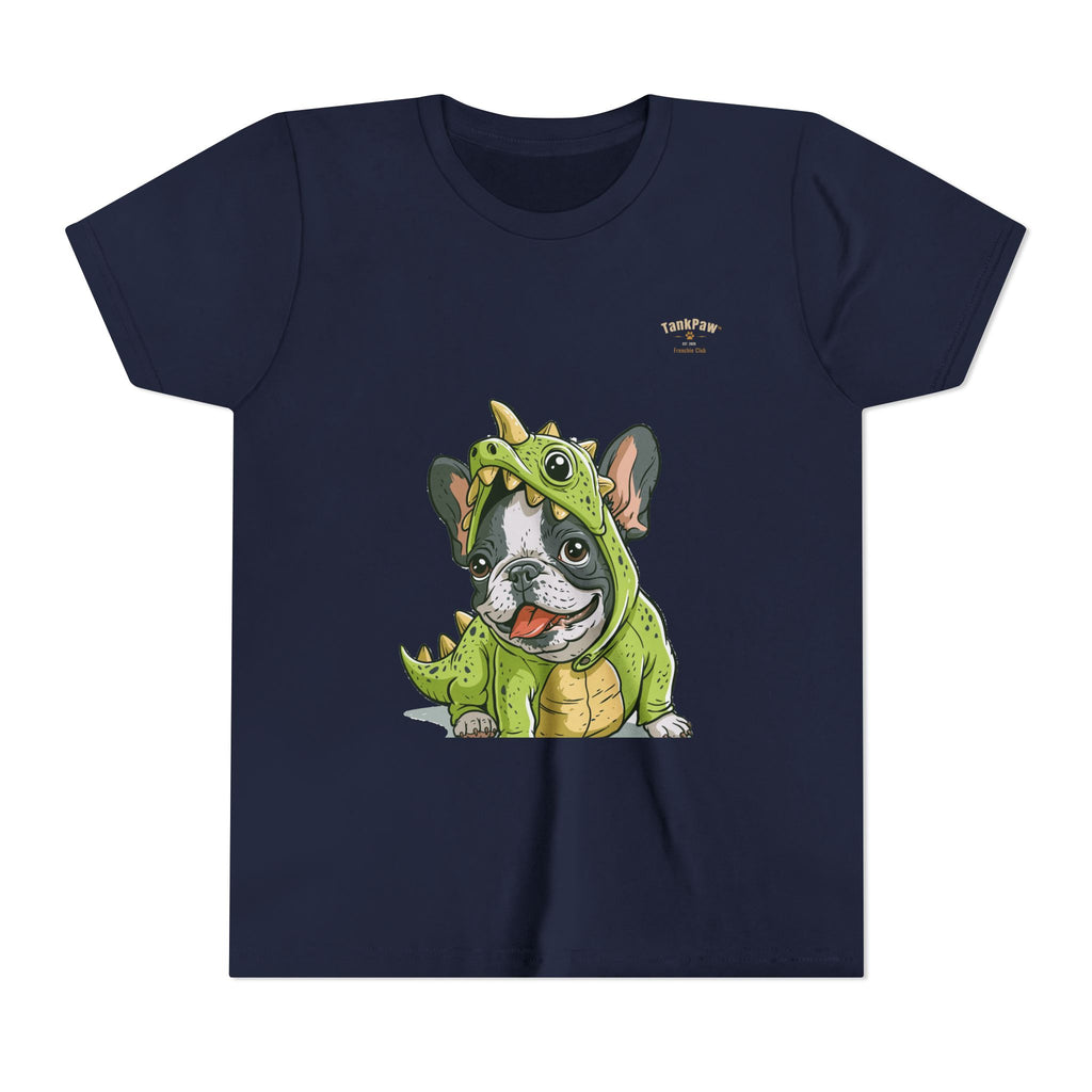 Kids Dino Costume Tee — Cute French Bulldog Puppy in Green Dinosaur Outfit