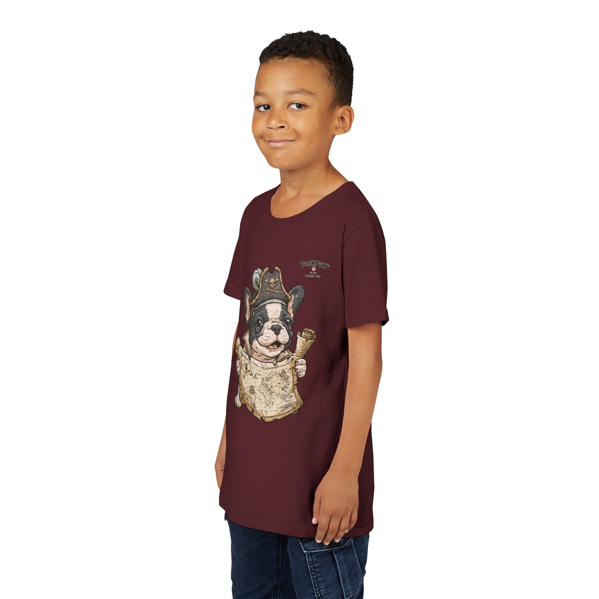 Kids Pirate Dog Tee — "Ahoy!" Map & Captain French Bulldog Youth T-Shirt