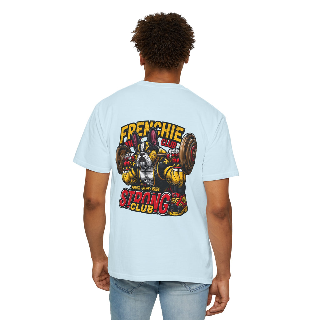 "Muscle-Style Frenchie Fitness T-Shirt — Cute French Bulldog Weightlifting Graphic Tee"