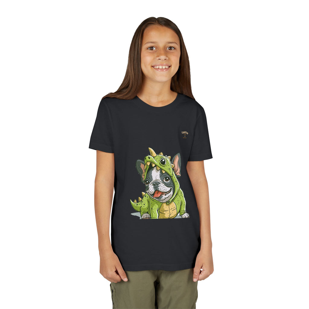 Kids Dino Costume Tee — Cute French Bulldog Puppy in Green Dinosaur Outfit