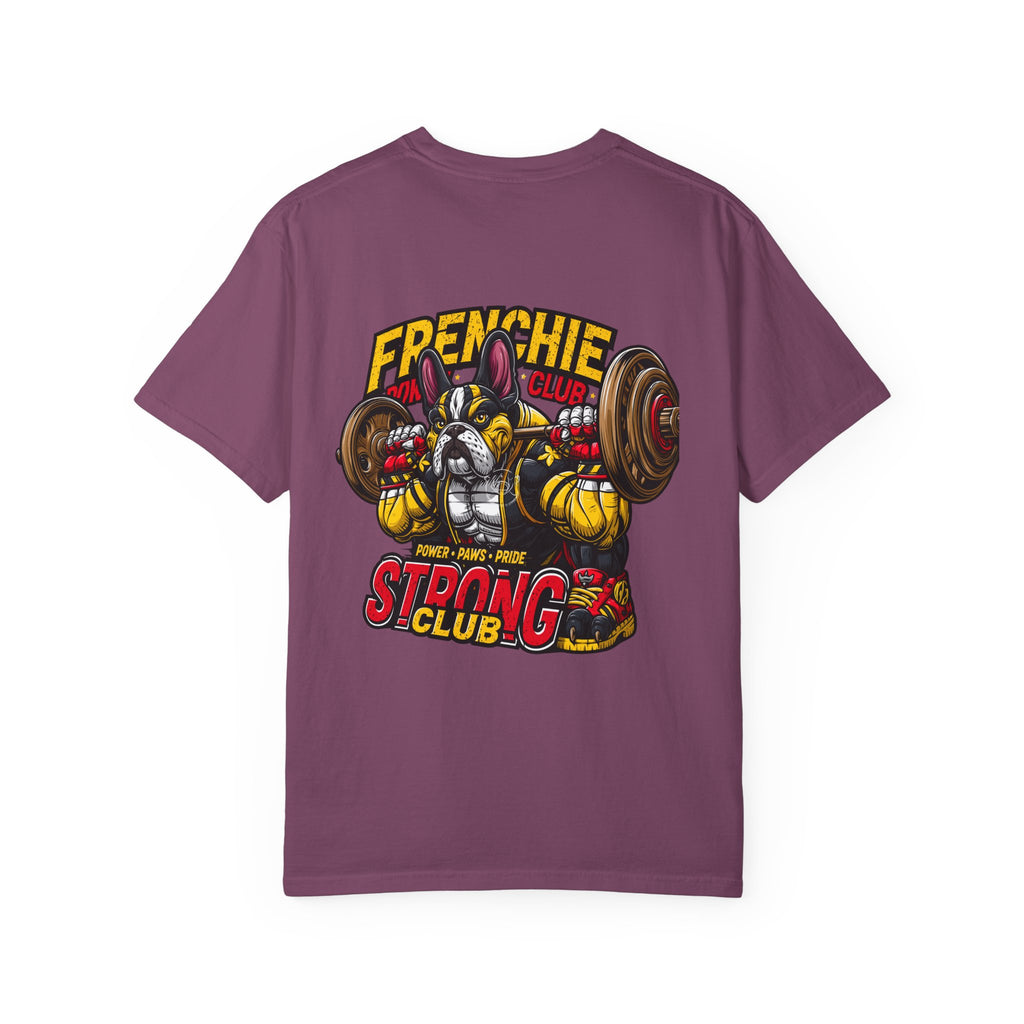 "Muscle-Style Frenchie Fitness T-Shirt — Cute French Bulldog Weightlifting Graphic Tee"
