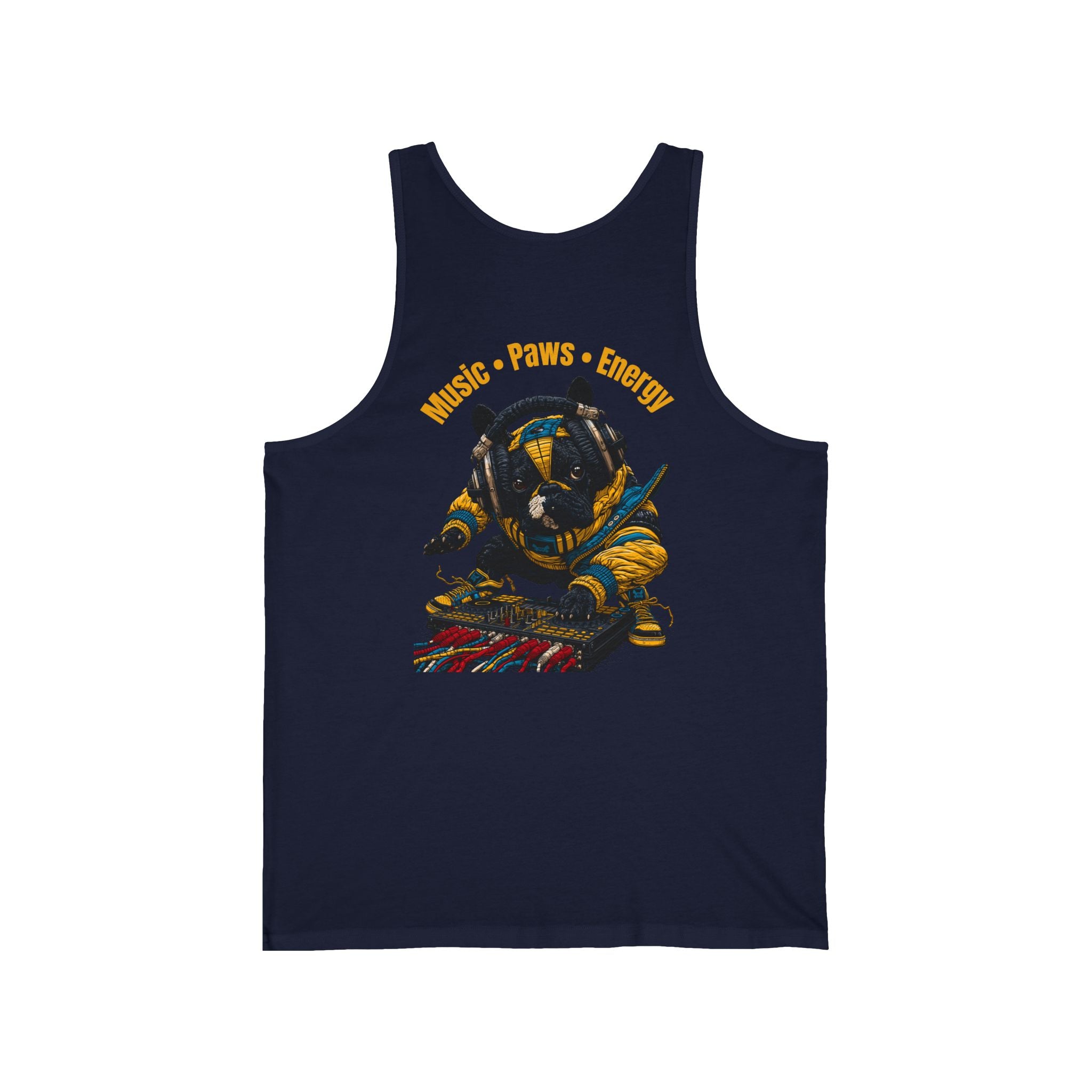 DJ Frenchie Graphic Tank Top — "Music, Paw Prints, & Energy" Summer Music Festival Tee