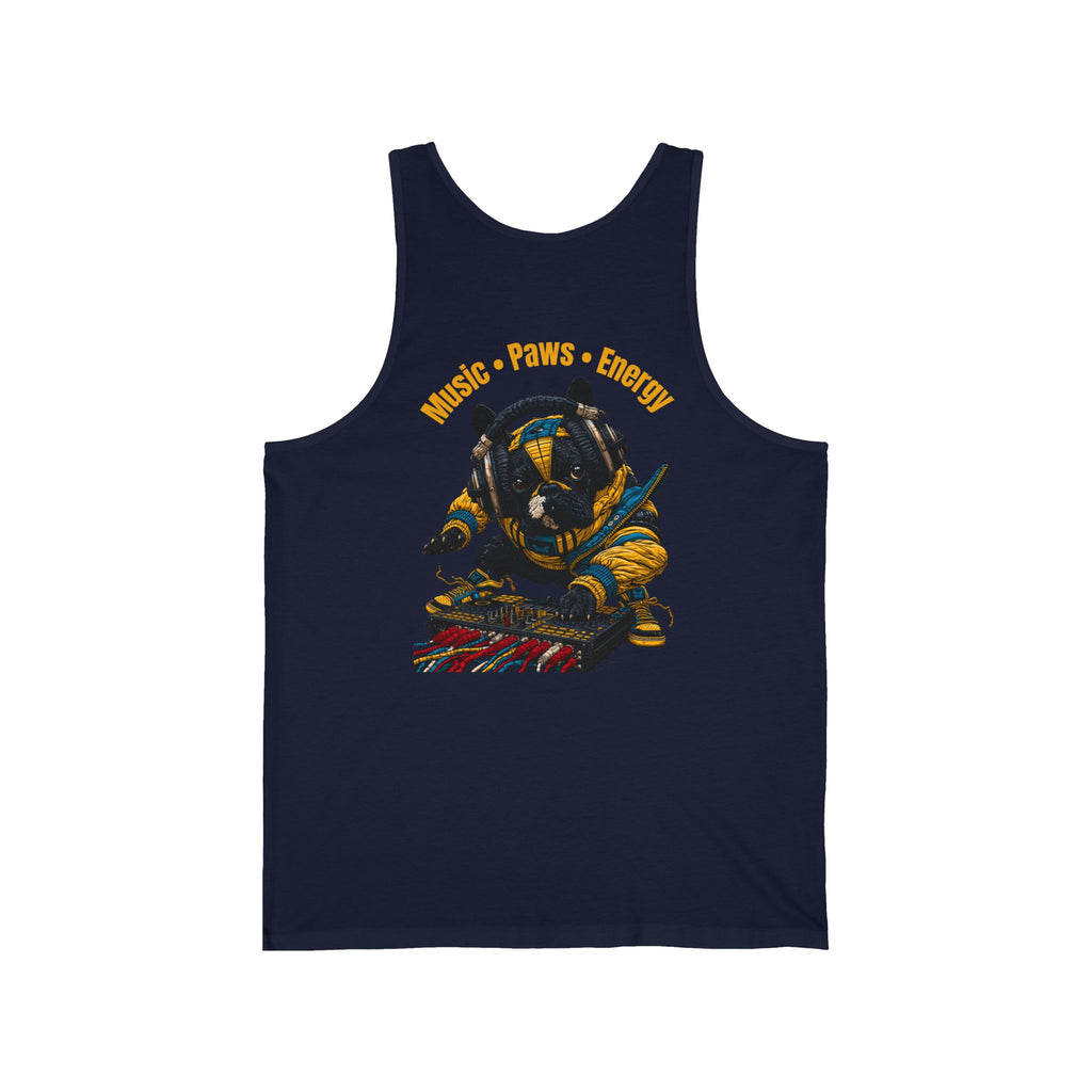 DJ Frenchie Graphic Tank Top — "Music, Paw Prints, & Energy" Summer Music Festival Tee