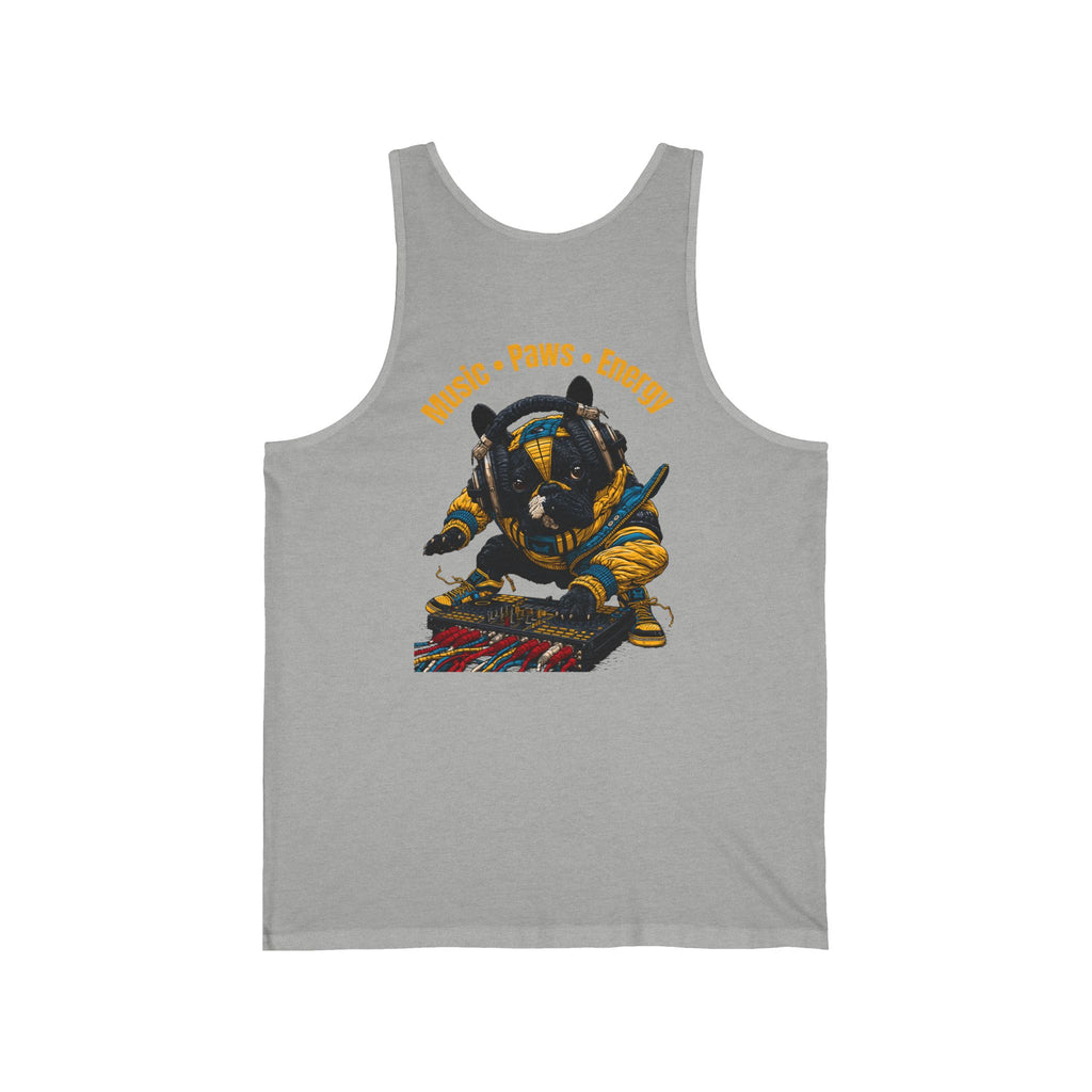 DJ Frenchie Graphic Tank Top — "Music, Paw Prints, & Energy" Summer Music Festival Tee