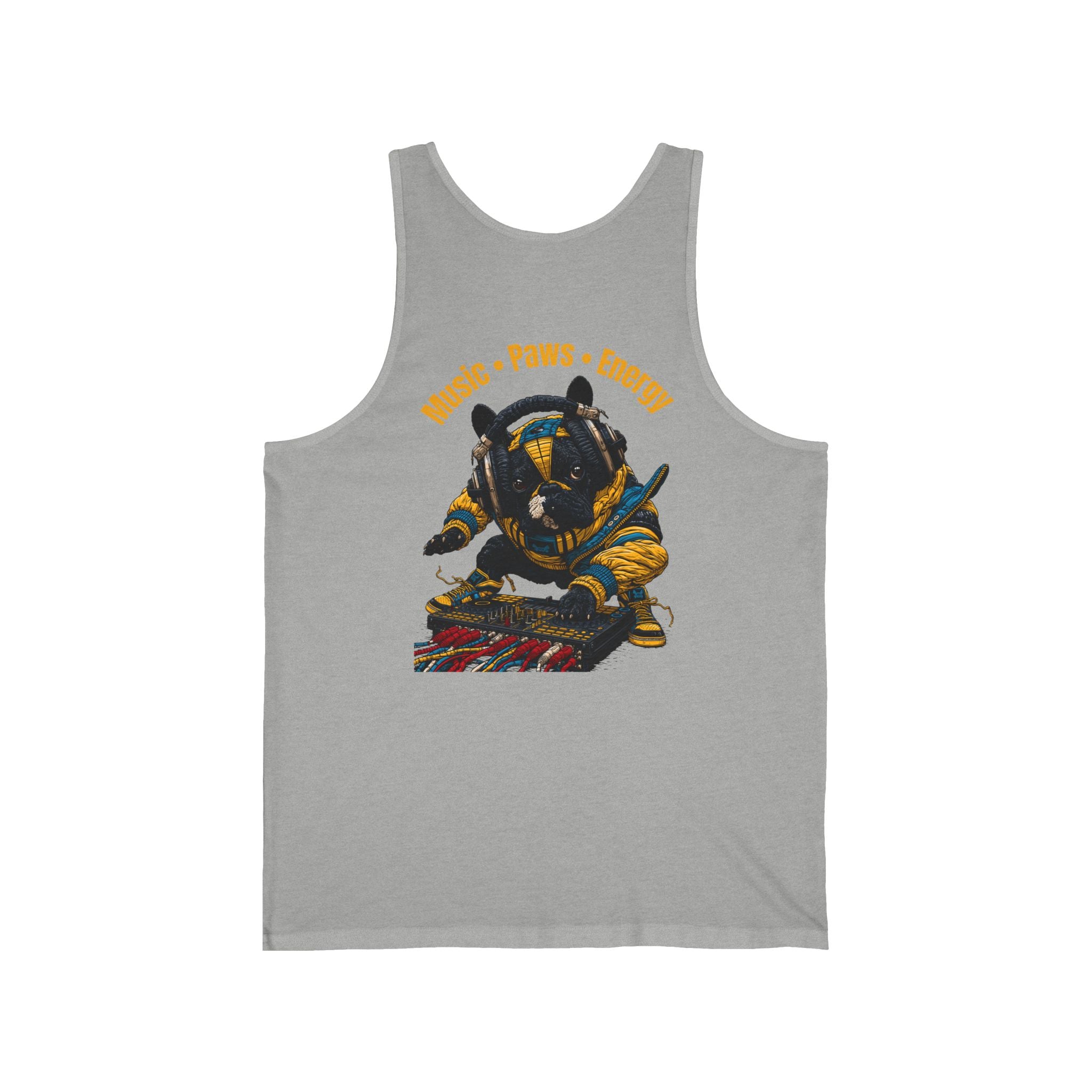 DJ Frenchie Graphic Tank Top — "Music, Paw Prints, & Energy" Summer Music Festival Tee