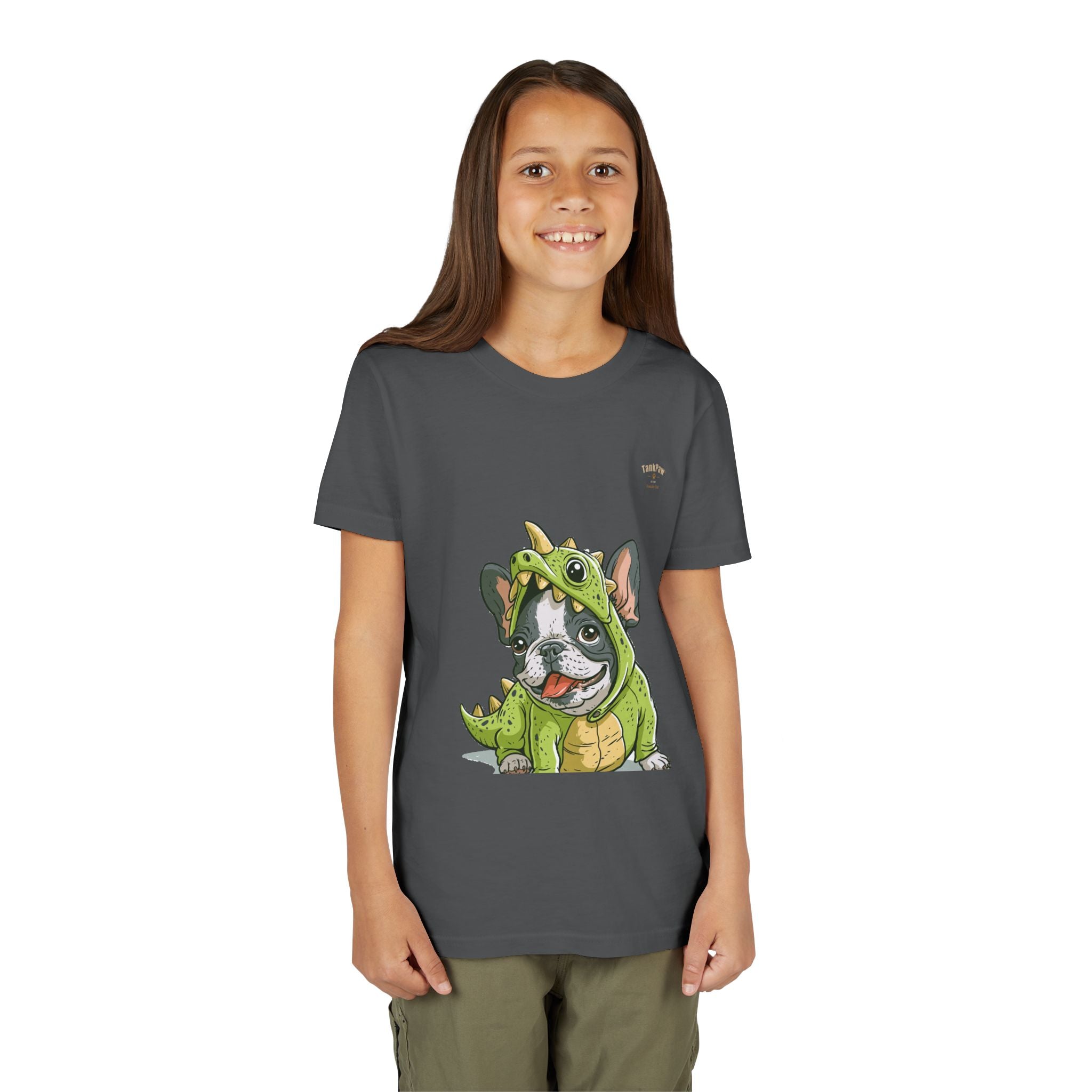 Kids Dino Costume Tee — Cute French Bulldog Puppy in Green Dinosaur Outfit