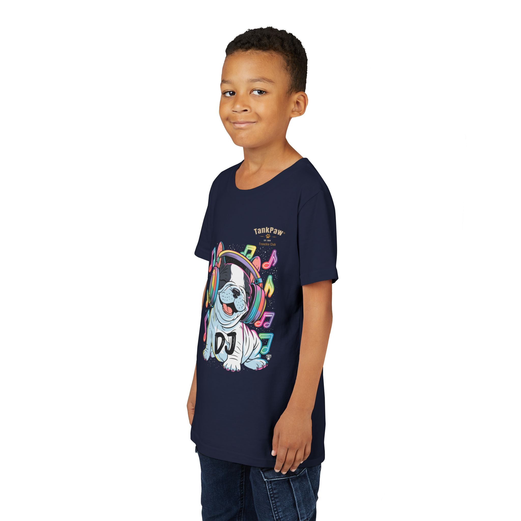 DJ Bulldog Kids Tee — Colorful Headphones Music T-Shirt for Boys & Girls