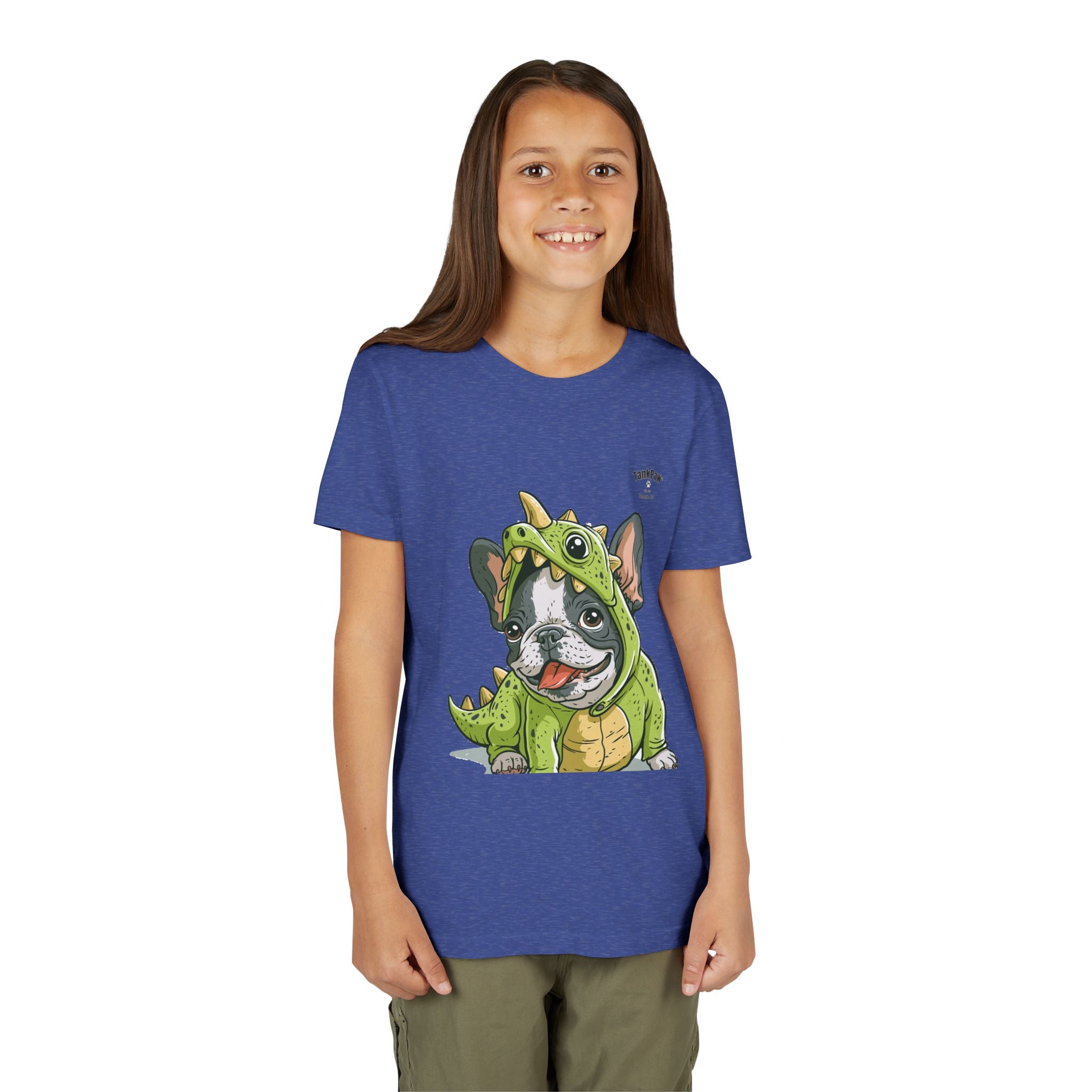 Kids Dino Costume Tee — Cute French Bulldog Puppy in Green Dinosaur Outfit