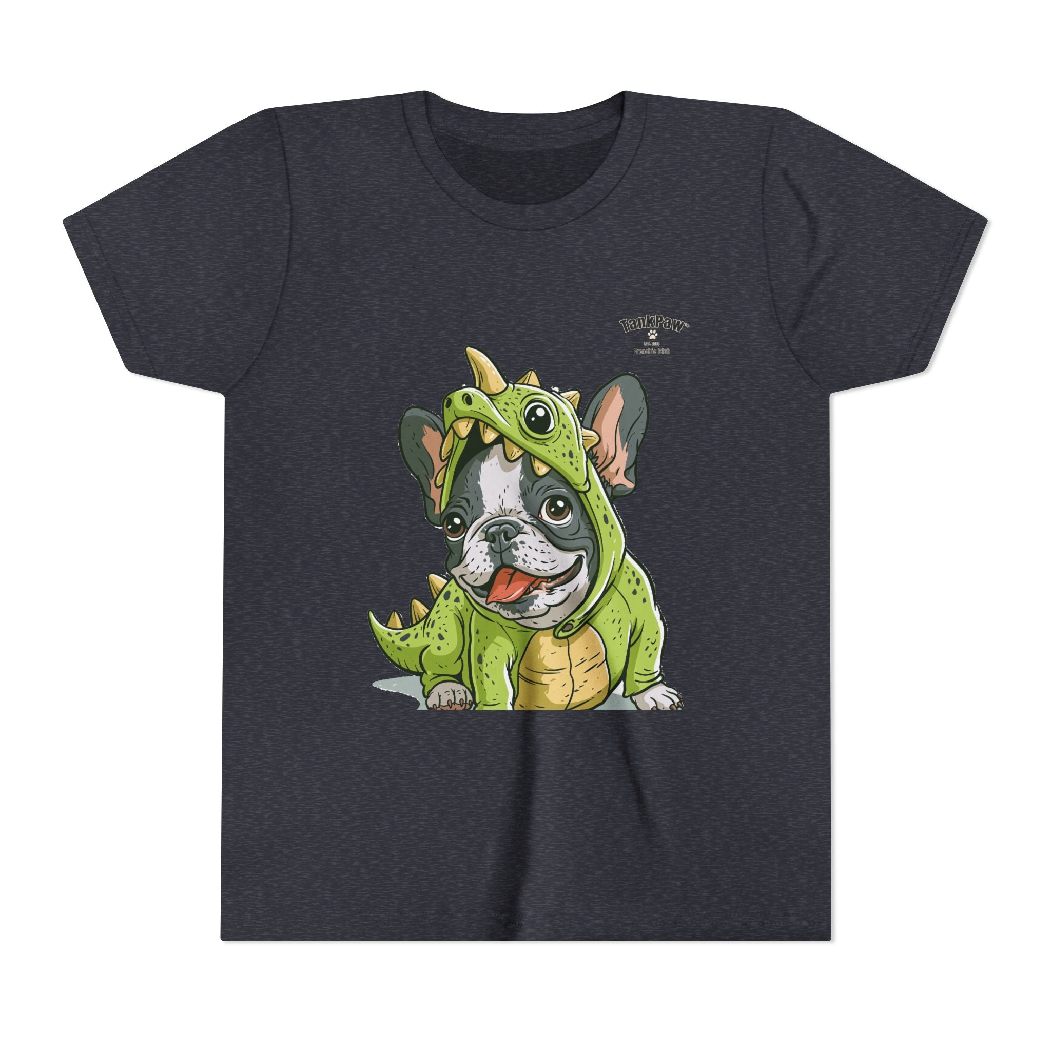 Kids Dino Costume Tee — Cute French Bulldog Puppy in Green Dinosaur Outfit