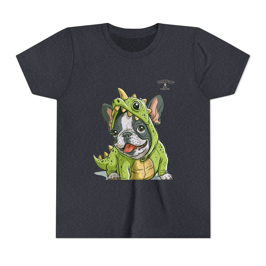 Kids Dino Costume Tee — Cute French Bulldog Puppy in Green Dinosaur Outfit