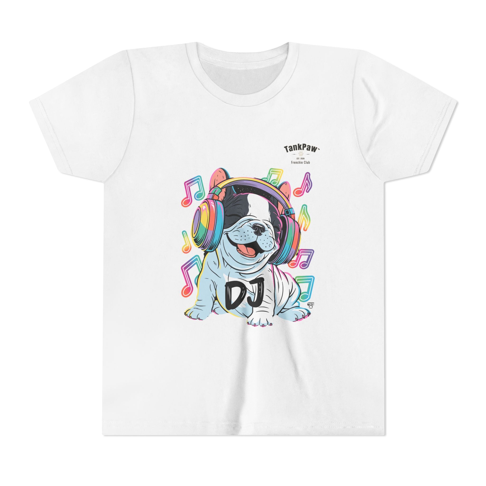 DJ Bulldog Kids Tee — Colorful Headphones Music T-Shirt for Boys & Girls