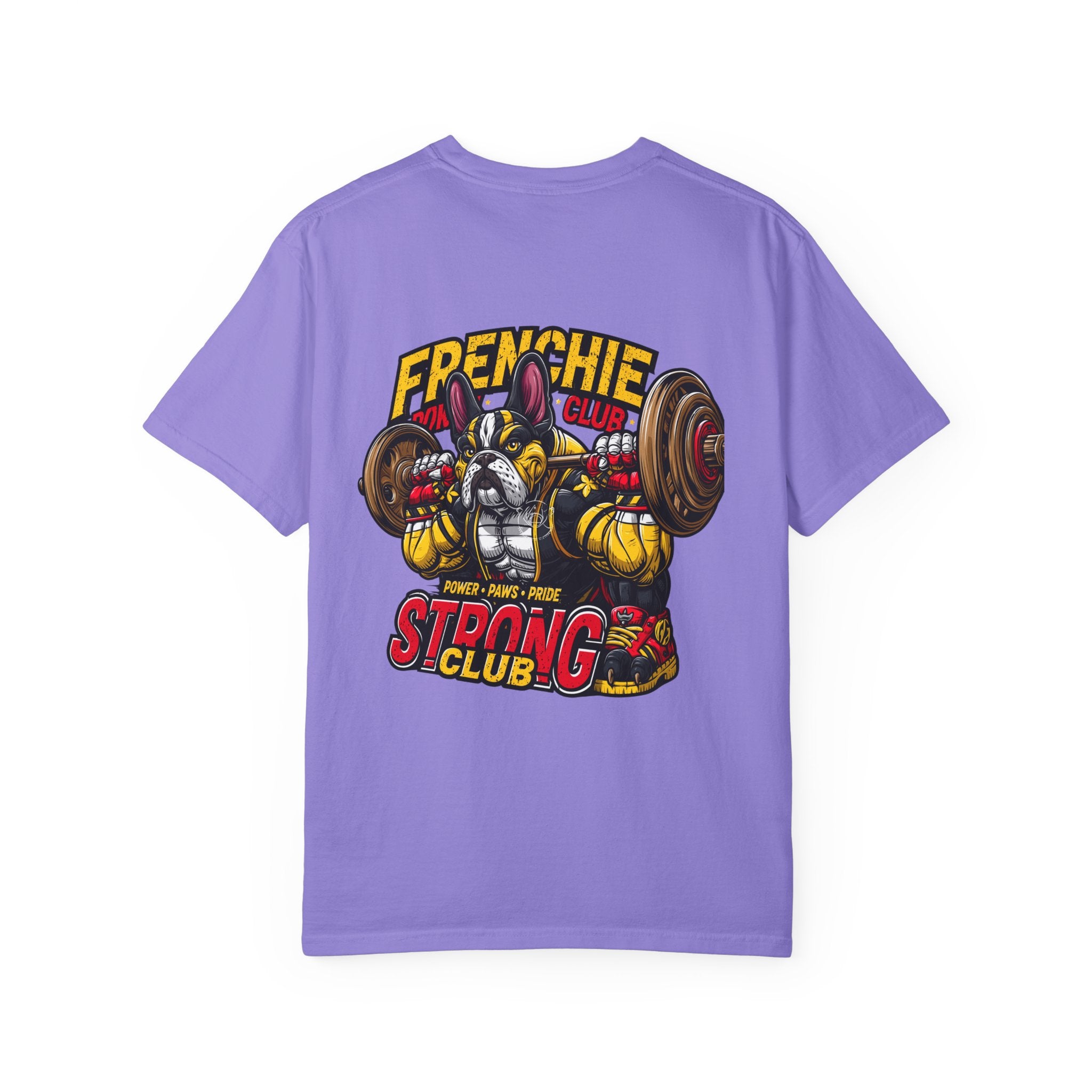 "Muscle-Style Frenchie Fitness T-Shirt — Cute French Bulldog Weightlifting Graphic Tee"