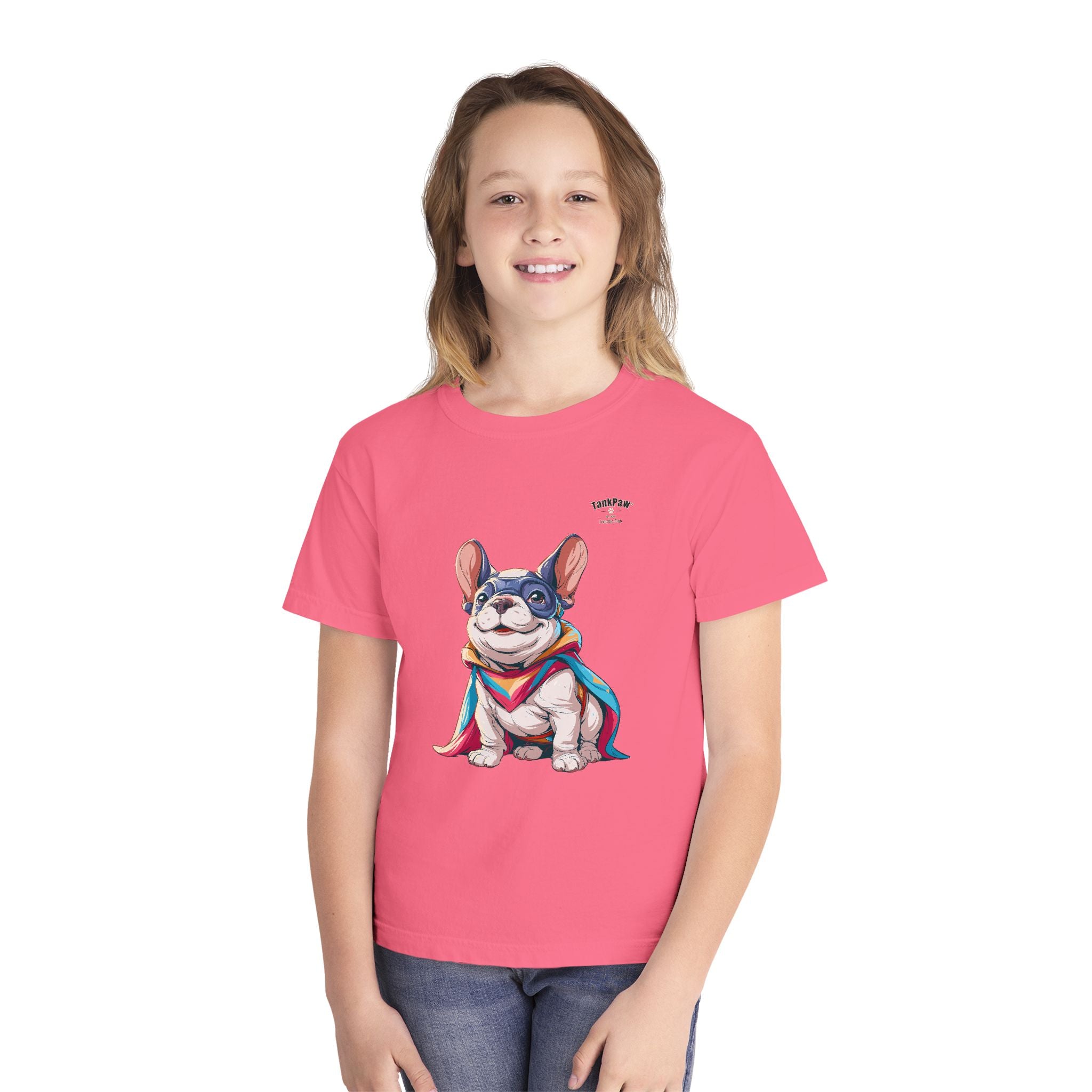 Kids French Bulldog Tee — Colorful Superhero Pup Graphic