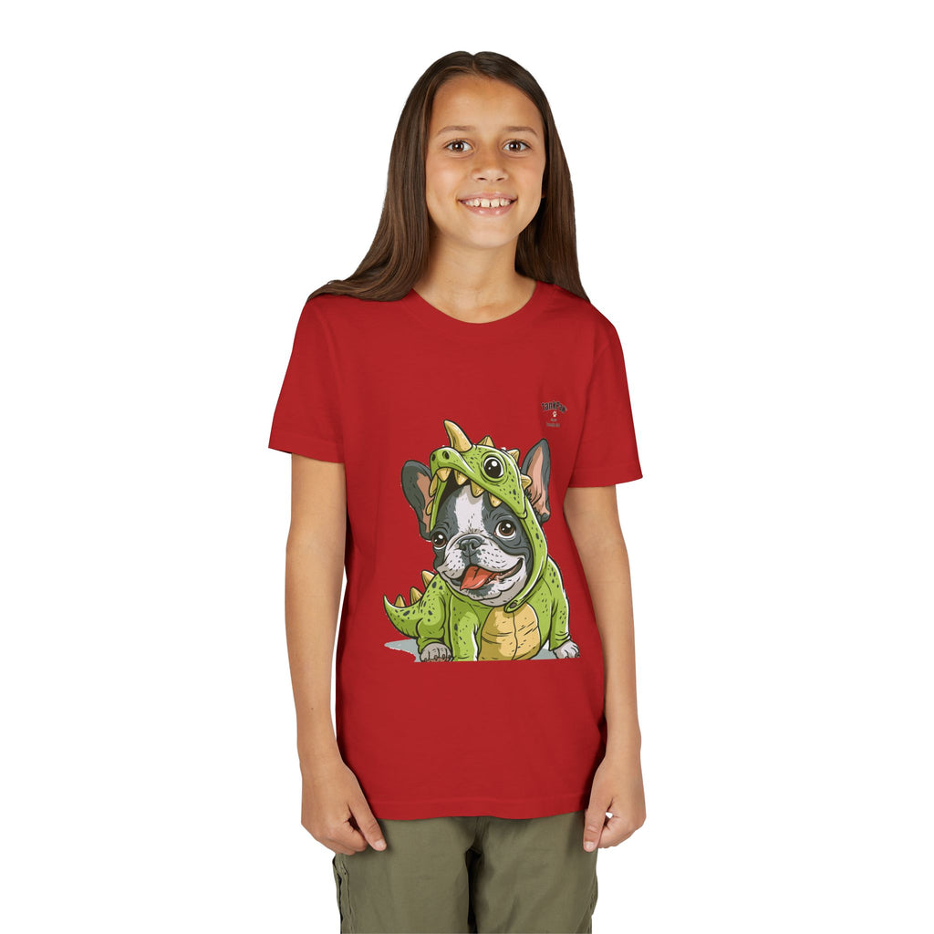 Kids Dino Costume Tee — Cute French Bulldog Puppy in Green Dinosaur Outfit