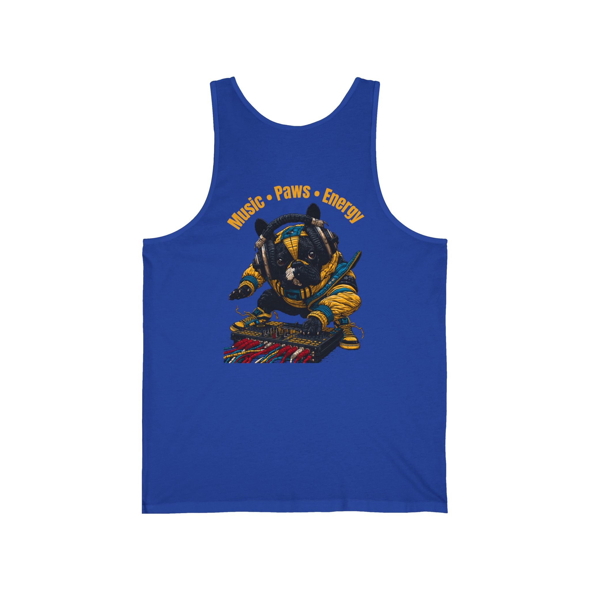 DJ Frenchie Graphic Tank Top — "Music, Paw Prints, & Energy" Summer Music Festival Tee