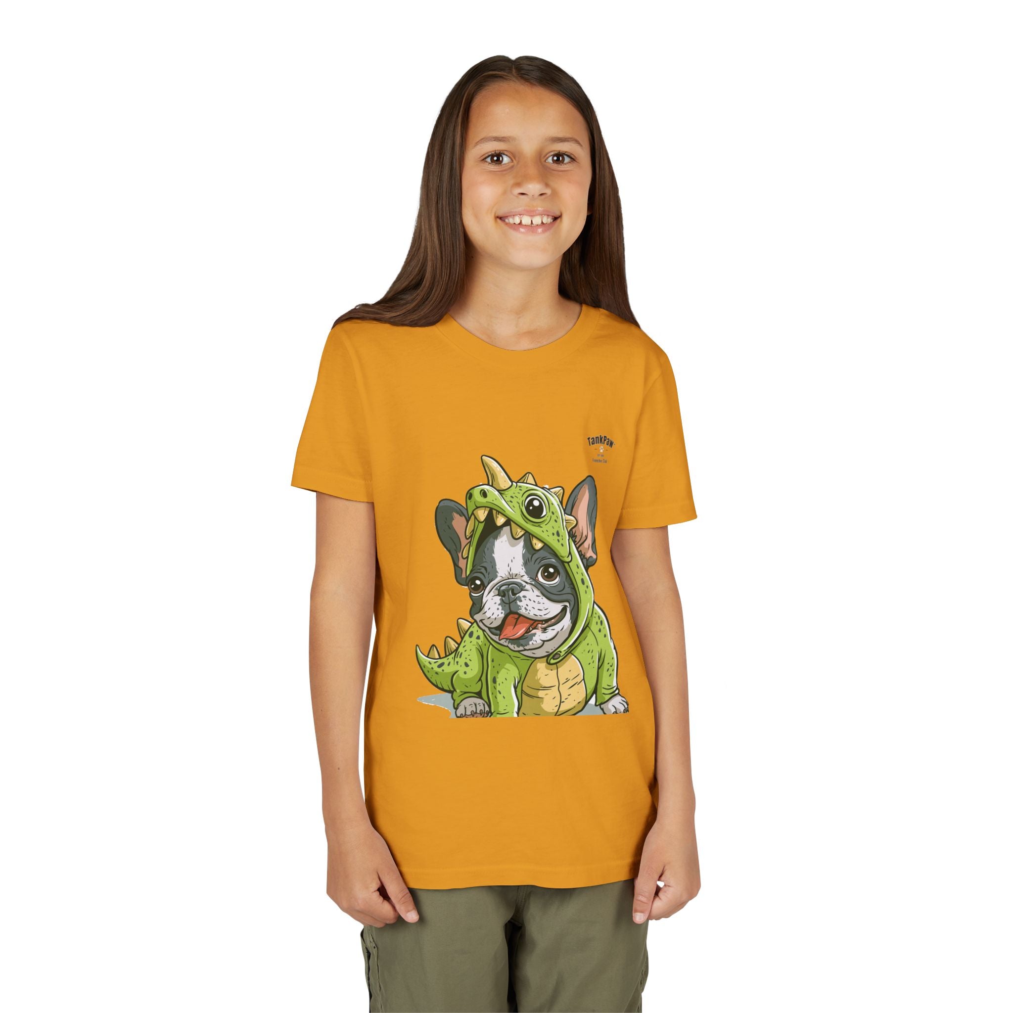 Kids Dino Costume Tee — Cute French Bulldog Puppy in Green Dinosaur Outfit
