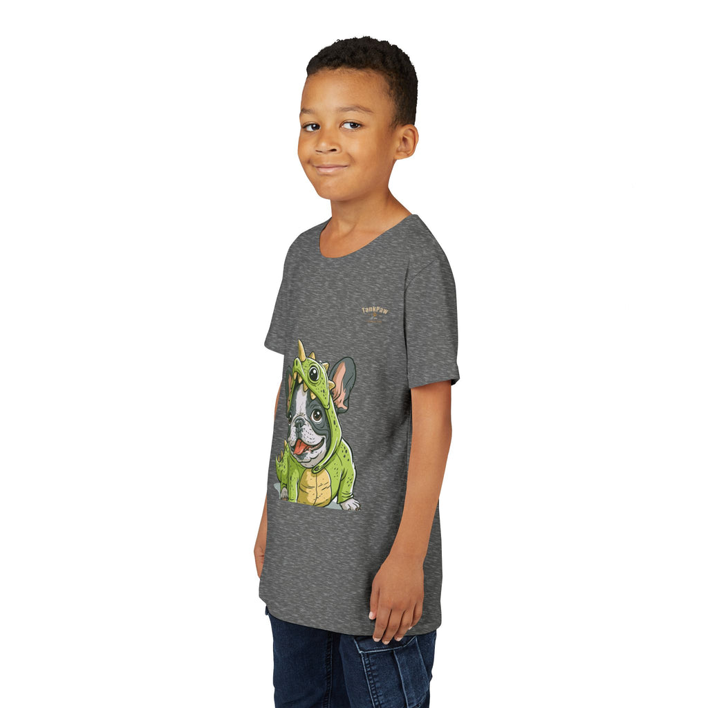 Kids Dino Costume Tee — Cute French Bulldog Puppy in Green Dinosaur Outfit