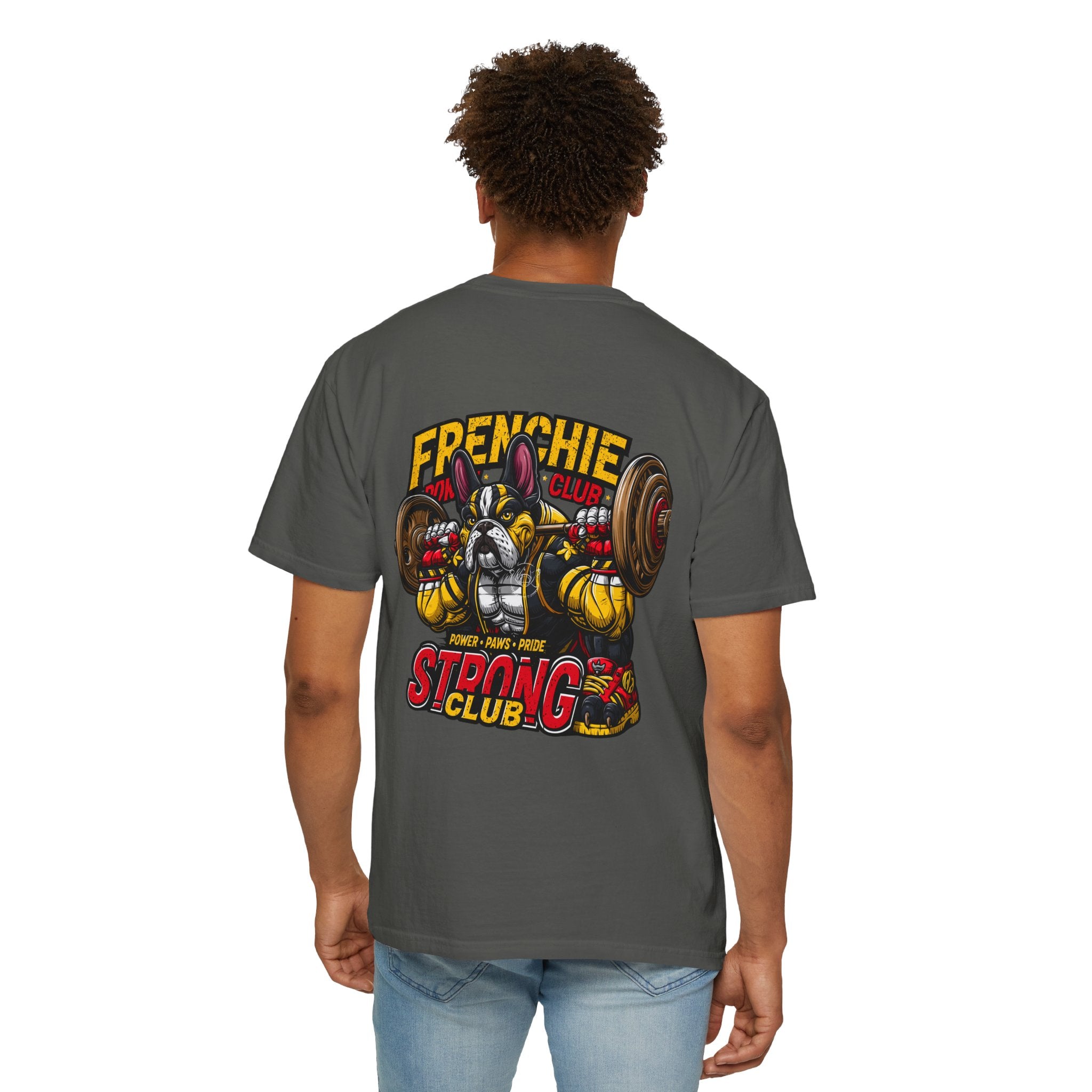 "Muscle-Style Frenchie Fitness T-Shirt — Cute French Bulldog Weightlifting Graphic Tee"