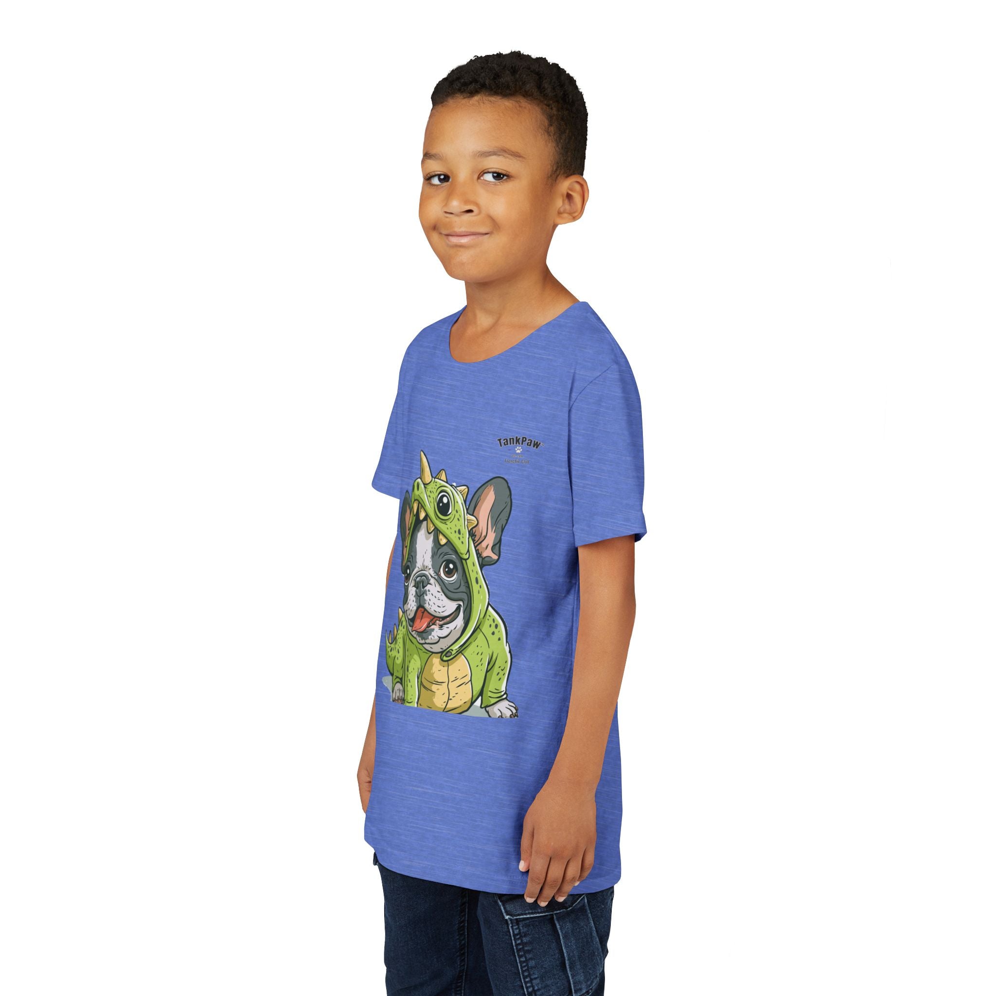 Kids Dino Costume Tee — Cute French Bulldog Puppy in Green Dinosaur Outfit