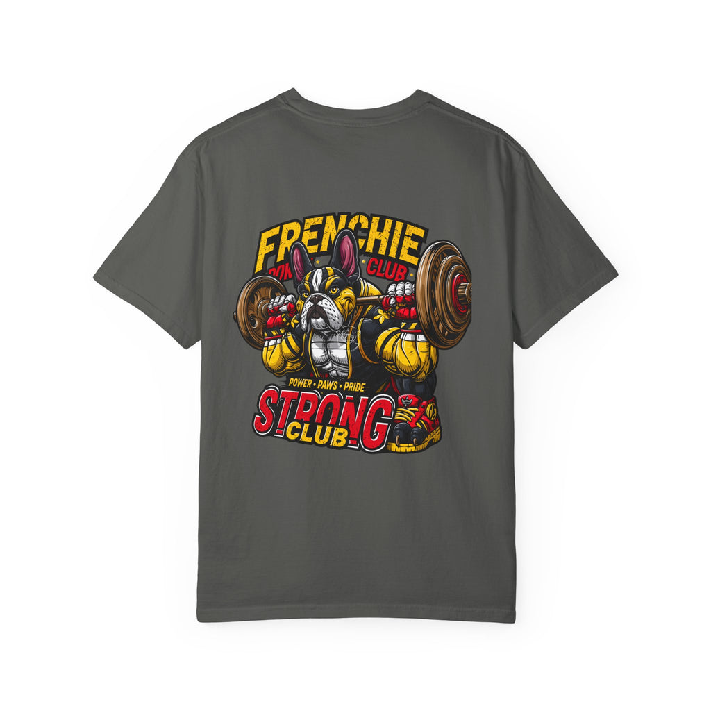 "Muscle-Style Frenchie Fitness T-Shirt — Cute French Bulldog Weightlifting Graphic Tee"