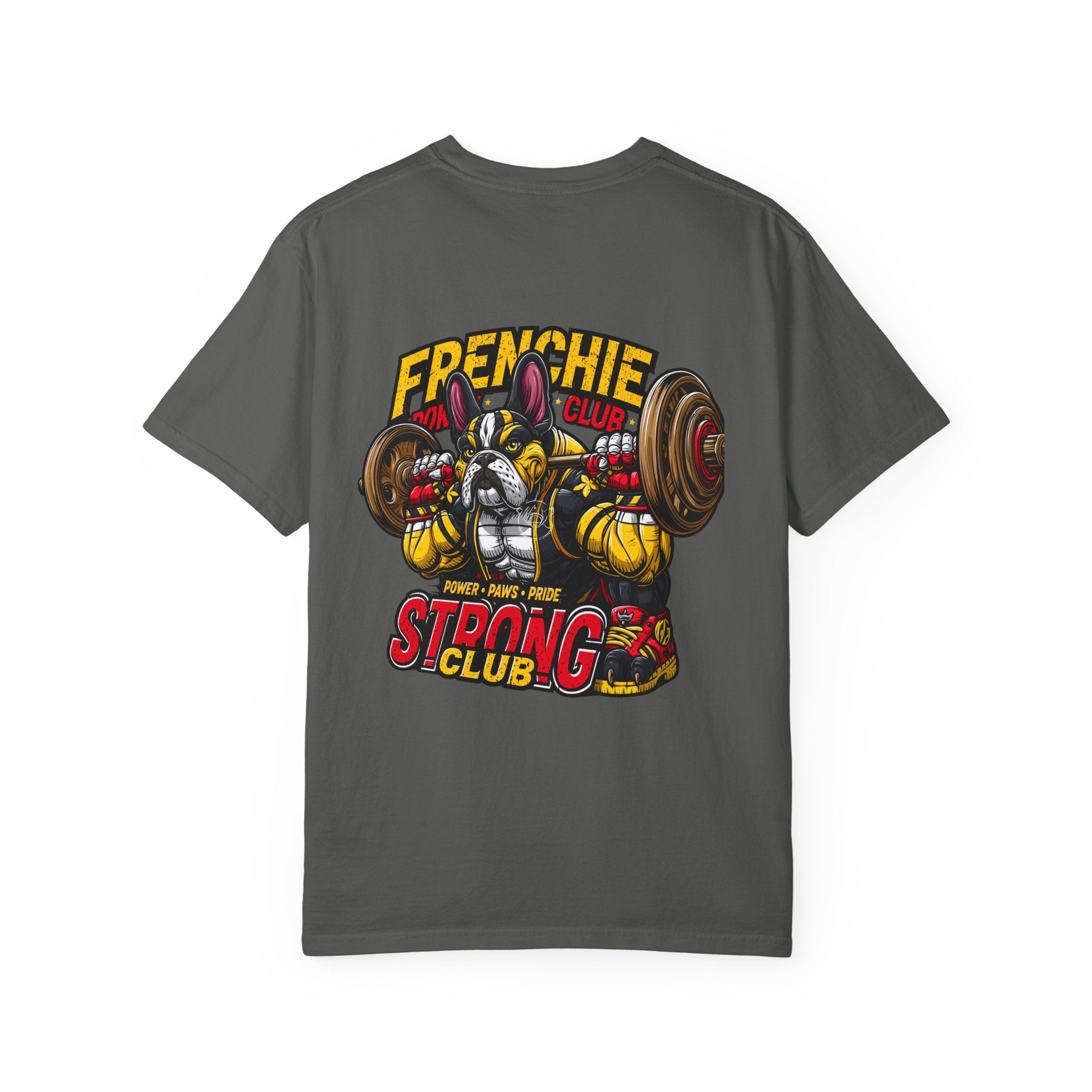 "Muscle-Style Frenchie Fitness T-Shirt — Cute French Bulldog Weightlifting Graphic Tee"