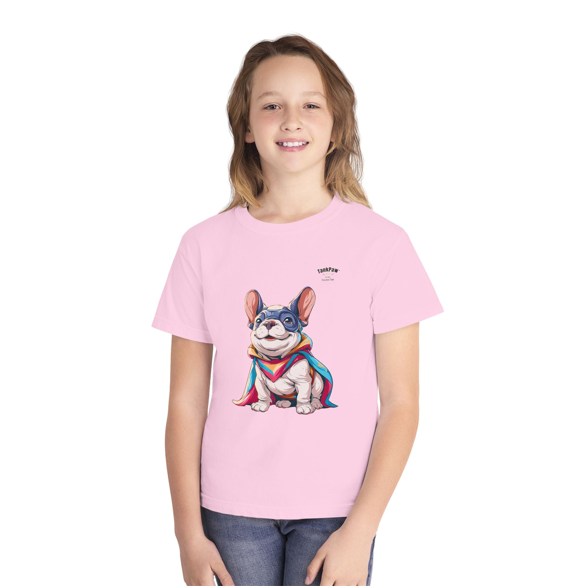 Kids French Bulldog Tee — Colorful Superhero Pup Graphic