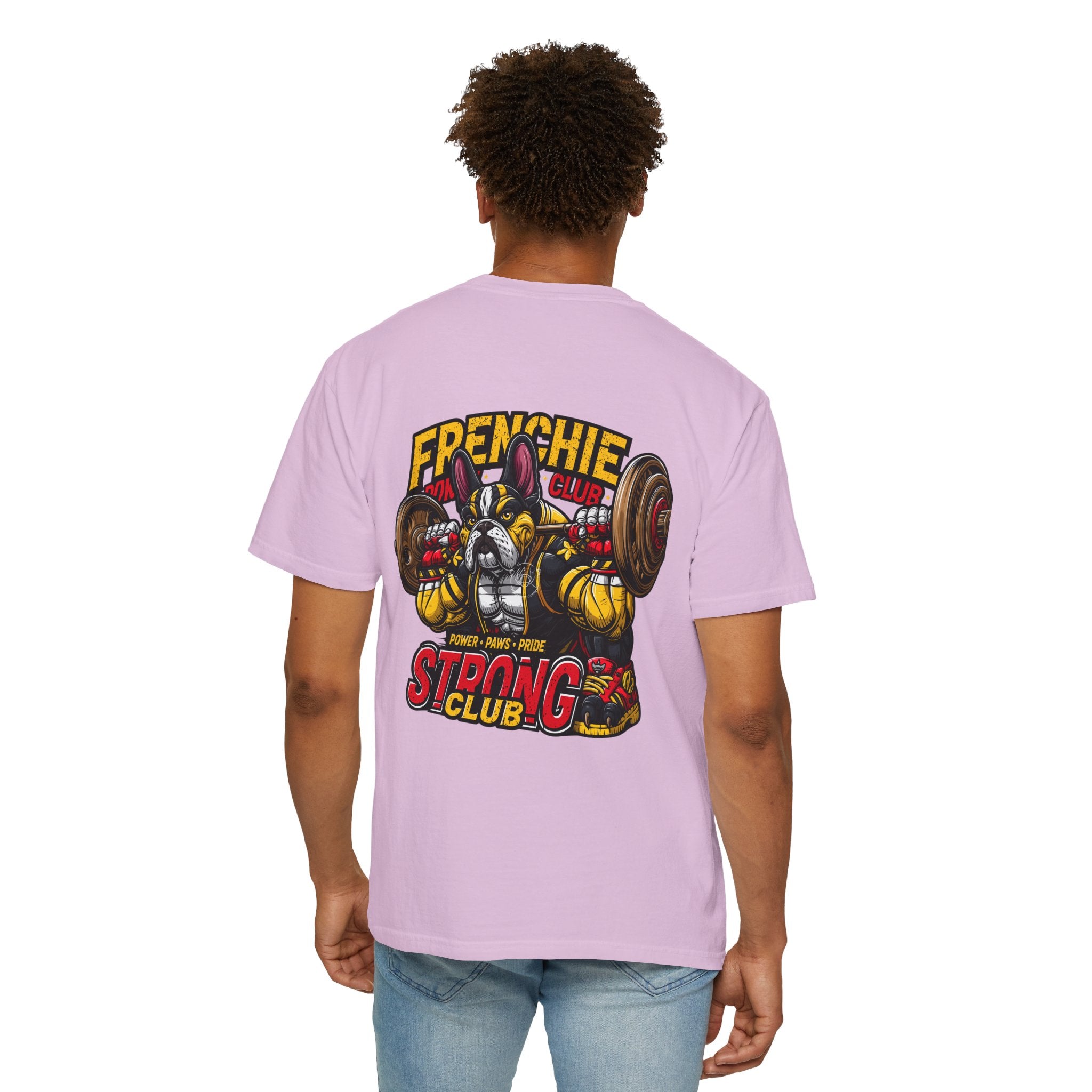 "Muscle-Style Frenchie Fitness T-Shirt — Cute French Bulldog Weightlifting Graphic Tee"