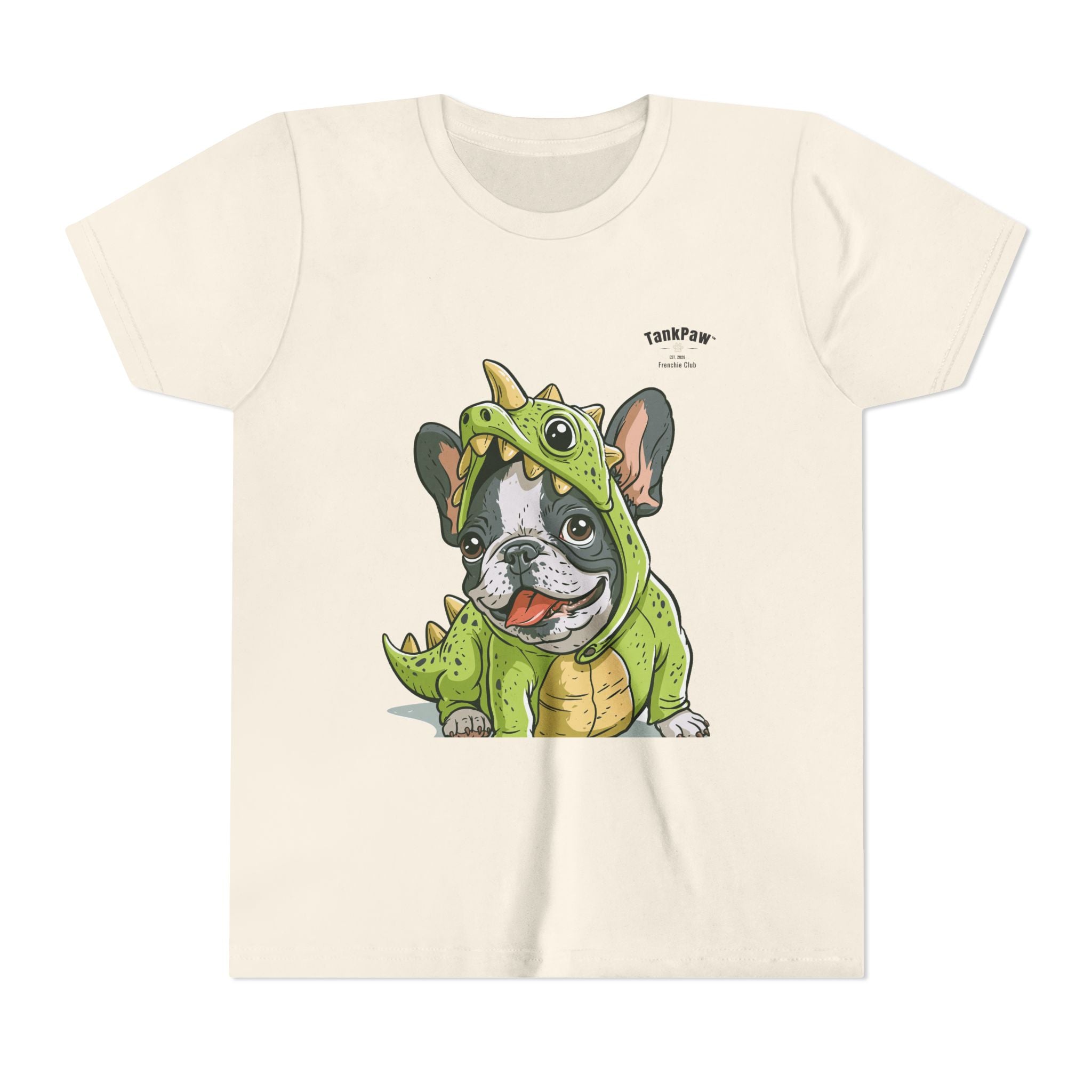 Kids Dino Costume Tee — Cute French Bulldog Puppy in Green Dinosaur Outfit
