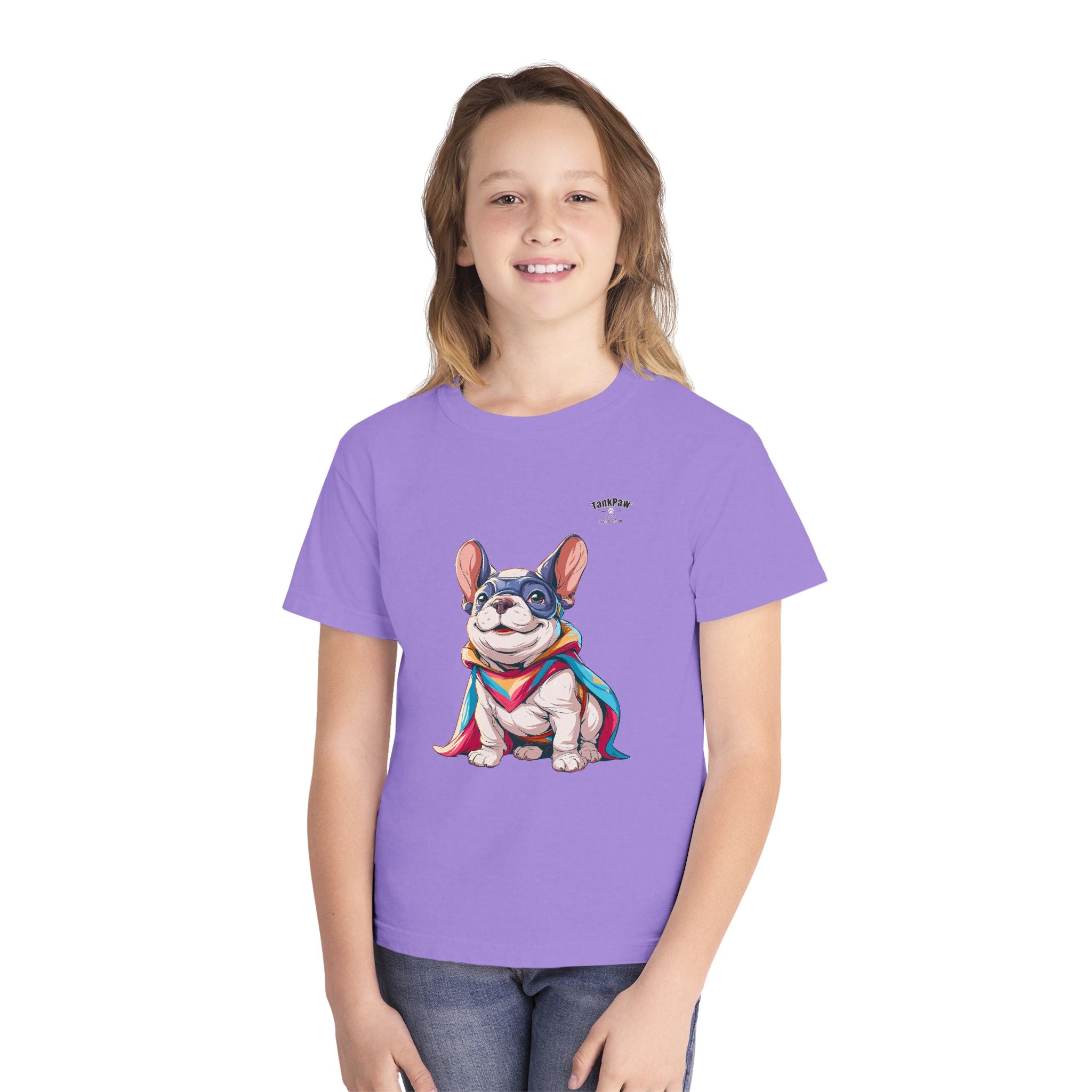 Kids French Bulldog Tee — Colorful Superhero Pup Graphic