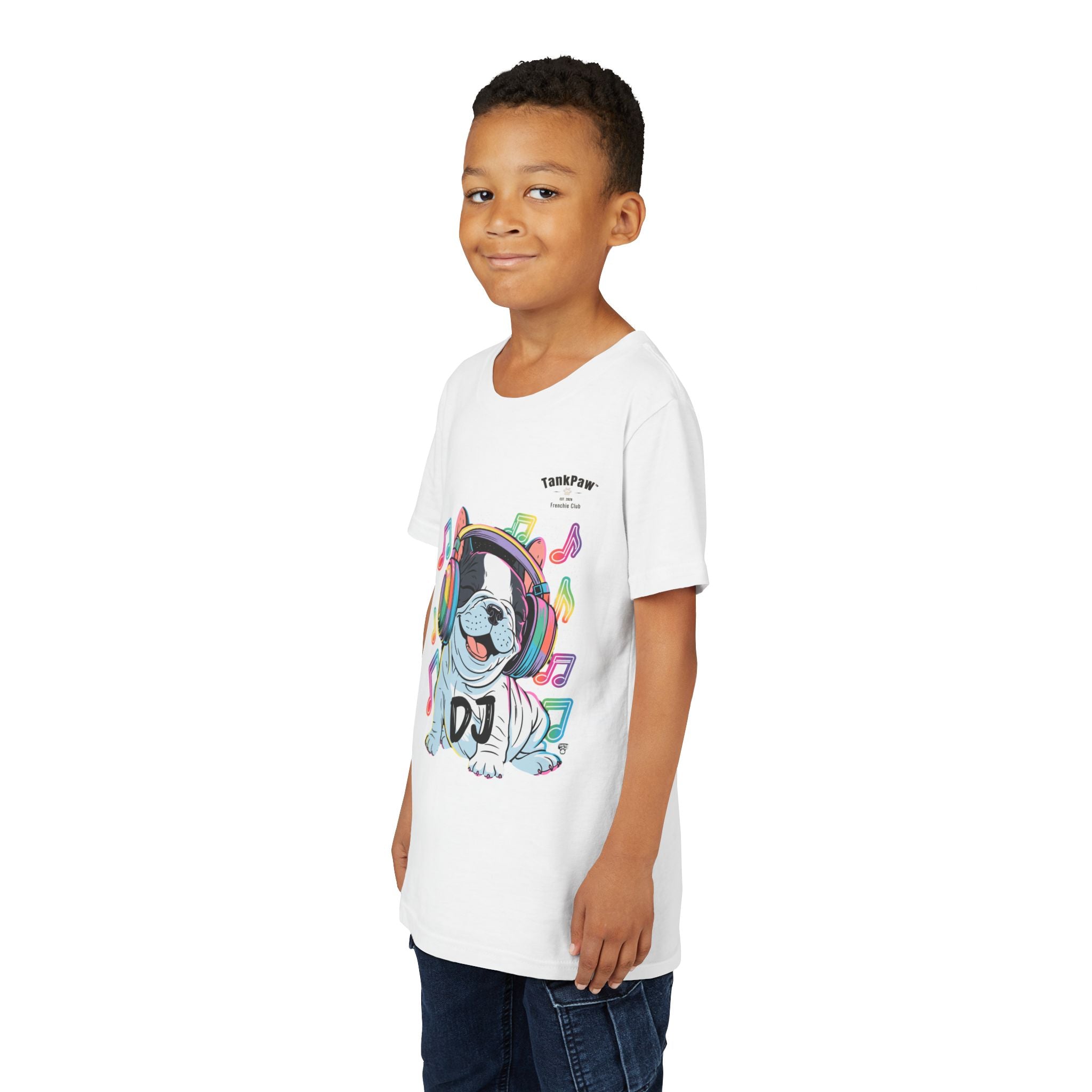 DJ Bulldog Kids Tee — Colorful Headphones Music T-Shirt for Boys & Girls