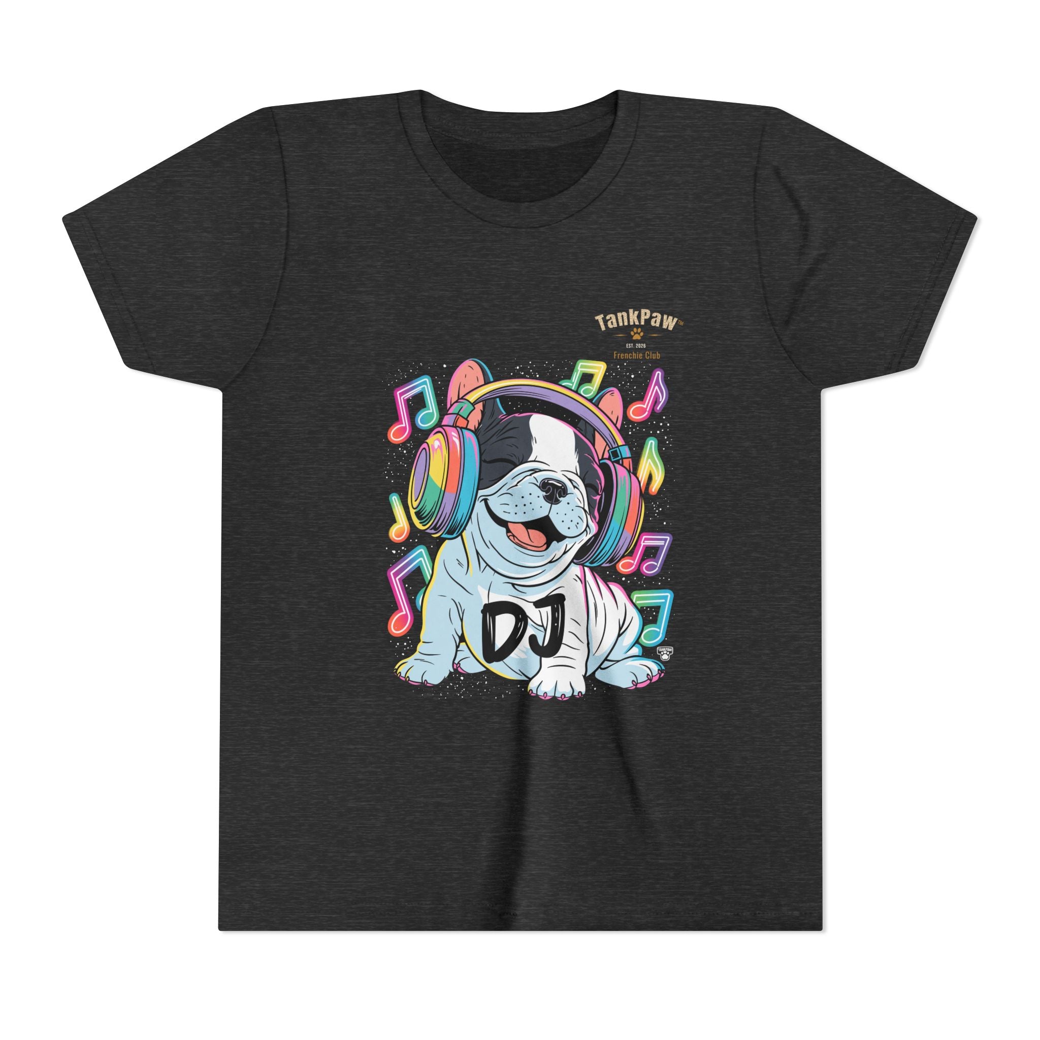 DJ Bulldog Kids Tee — Colorful Headphones Music T-Shirt for Boys & Girls