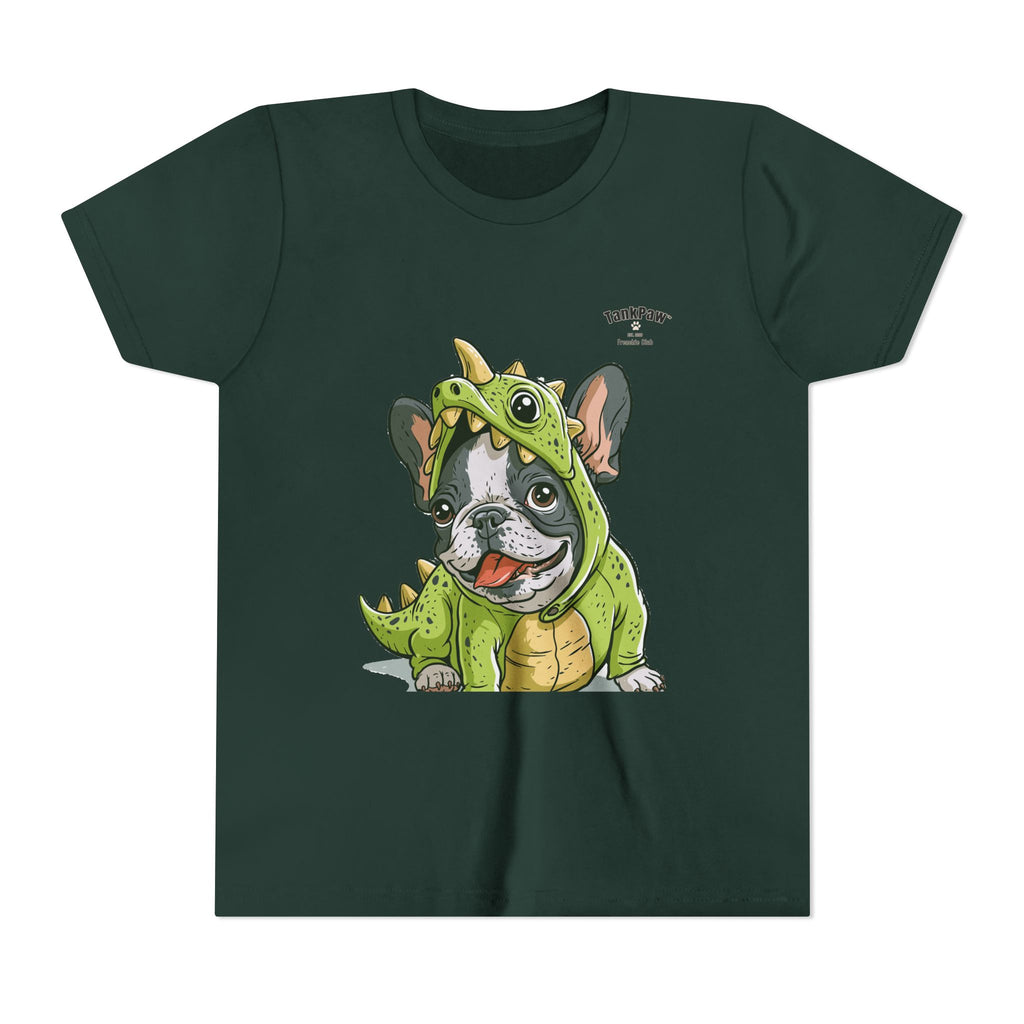 Kids Dino Costume Tee — Cute French Bulldog Puppy in Green Dinosaur Outfit